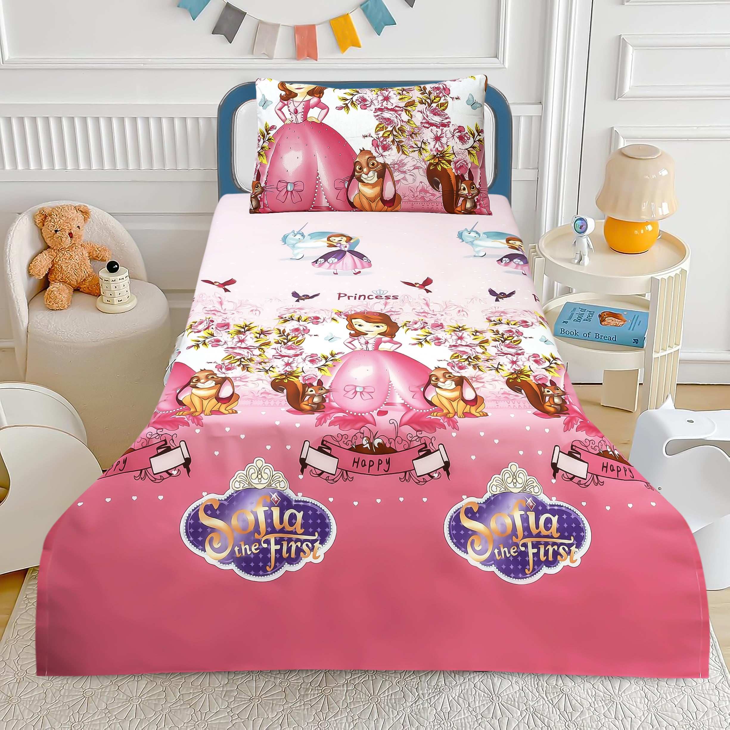 Cute Cartoon Bed Sheet for Kids Girls Princess Sofia the First Print Cotton Bedding