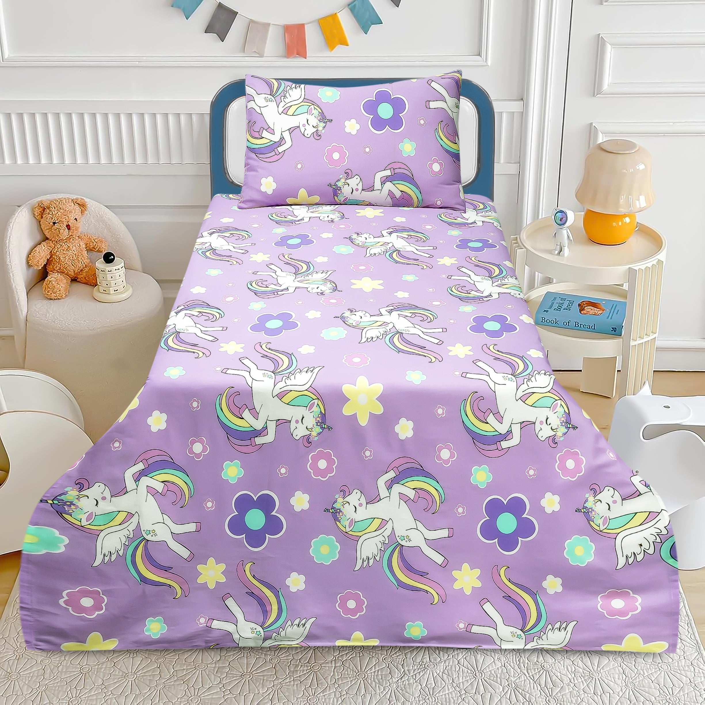 Purple Unicorn Design Kids Bed Sheet Cotton Fabric High Quality by Alezam Bedding