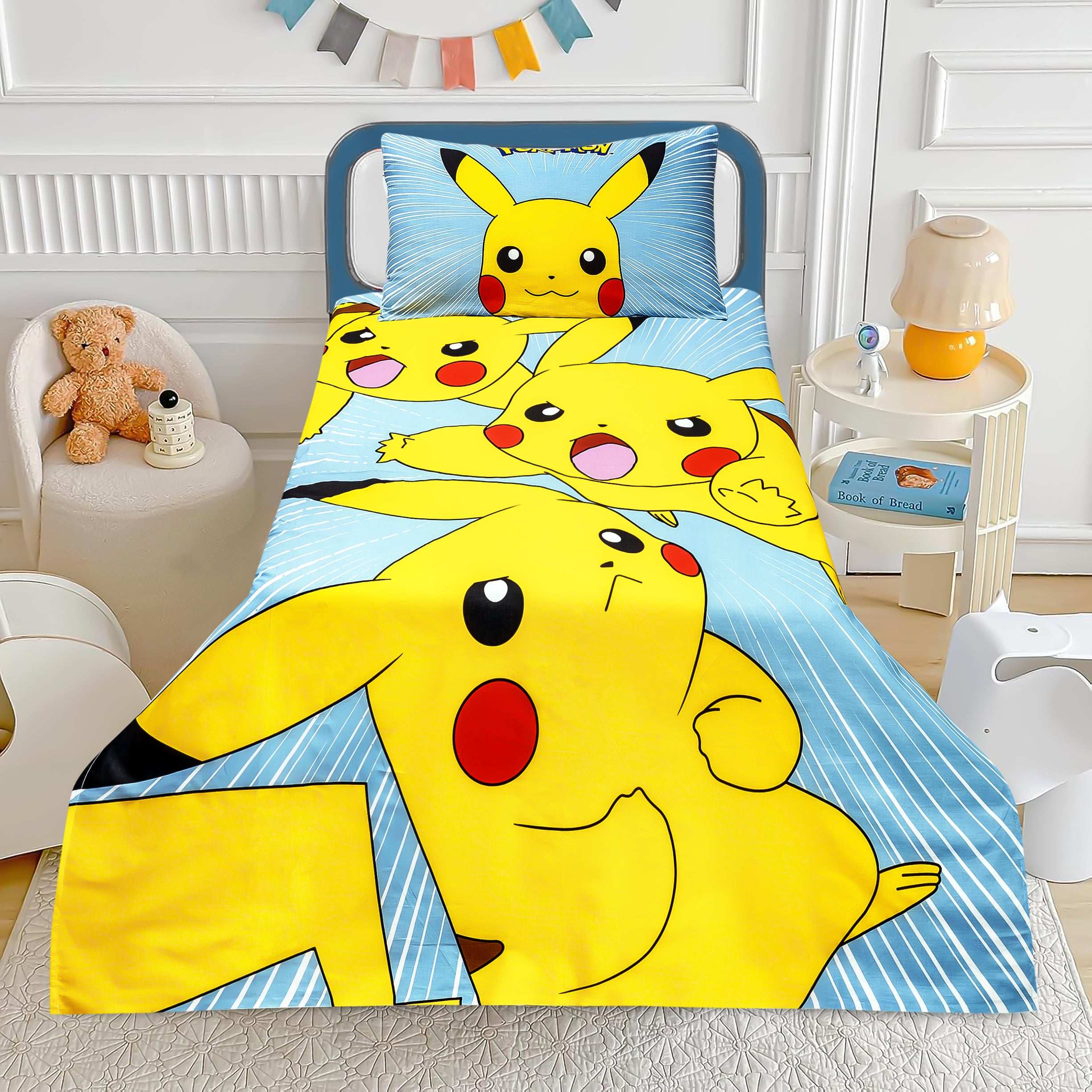 Kids Bed Sheet Set with Pikachu Cartoon Print by Alezam Bedding Cotton Fabric