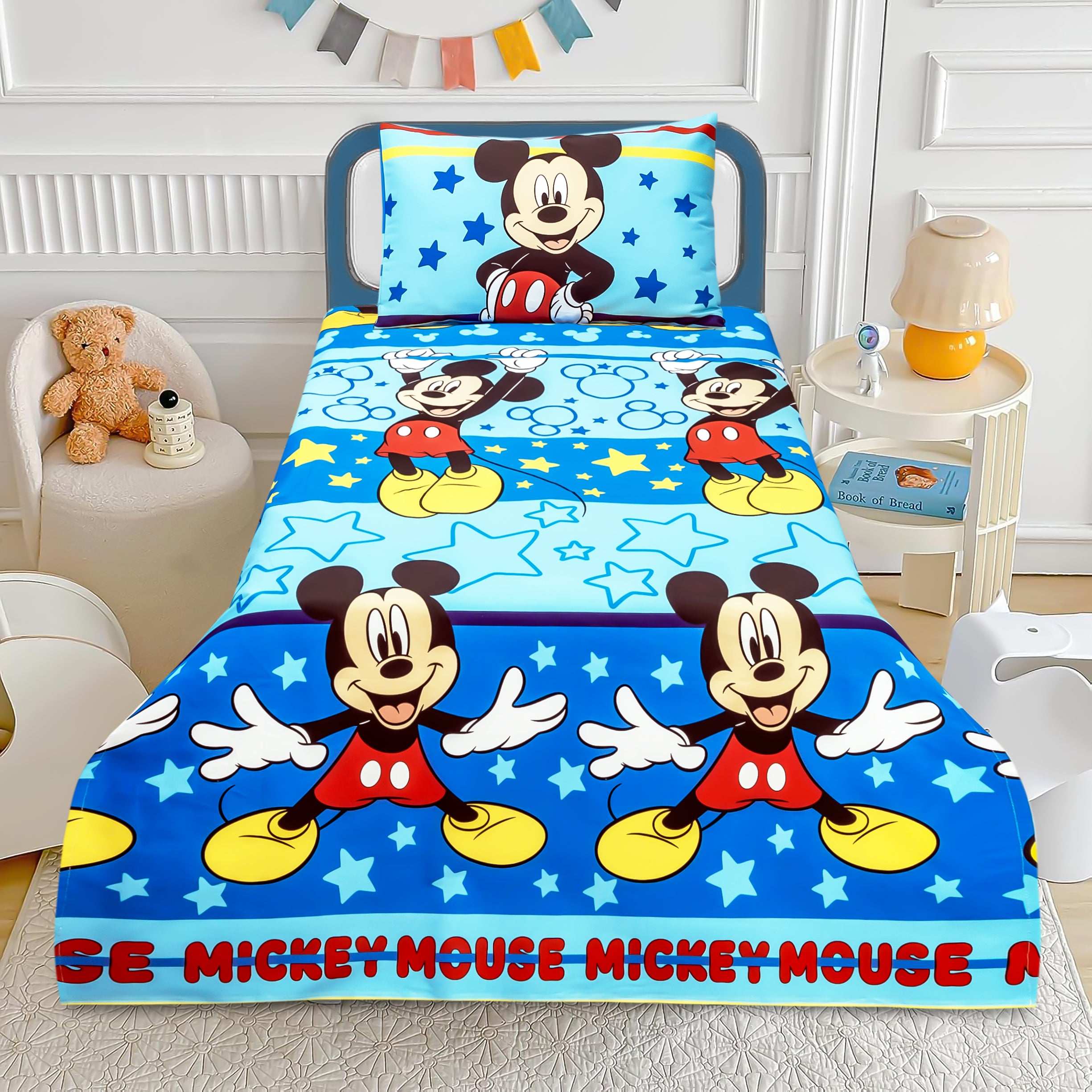 Kids Cotton Bed Sheet Set with Mickey Mouse Print and Pillow Cover Online Pakistan