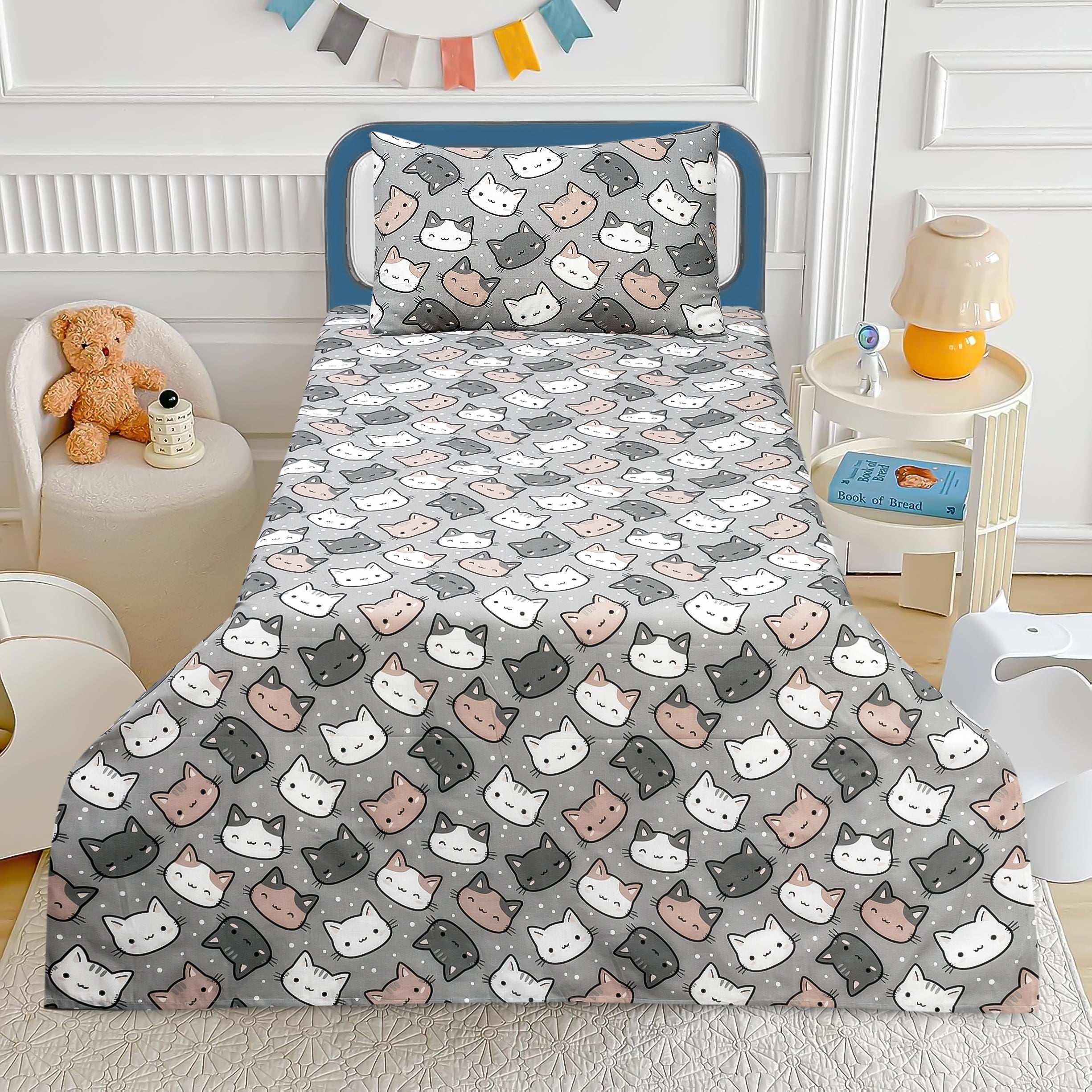 Kids Cotton Bed Sheet Set with Cute Cat Print by Alezam Bedding Store