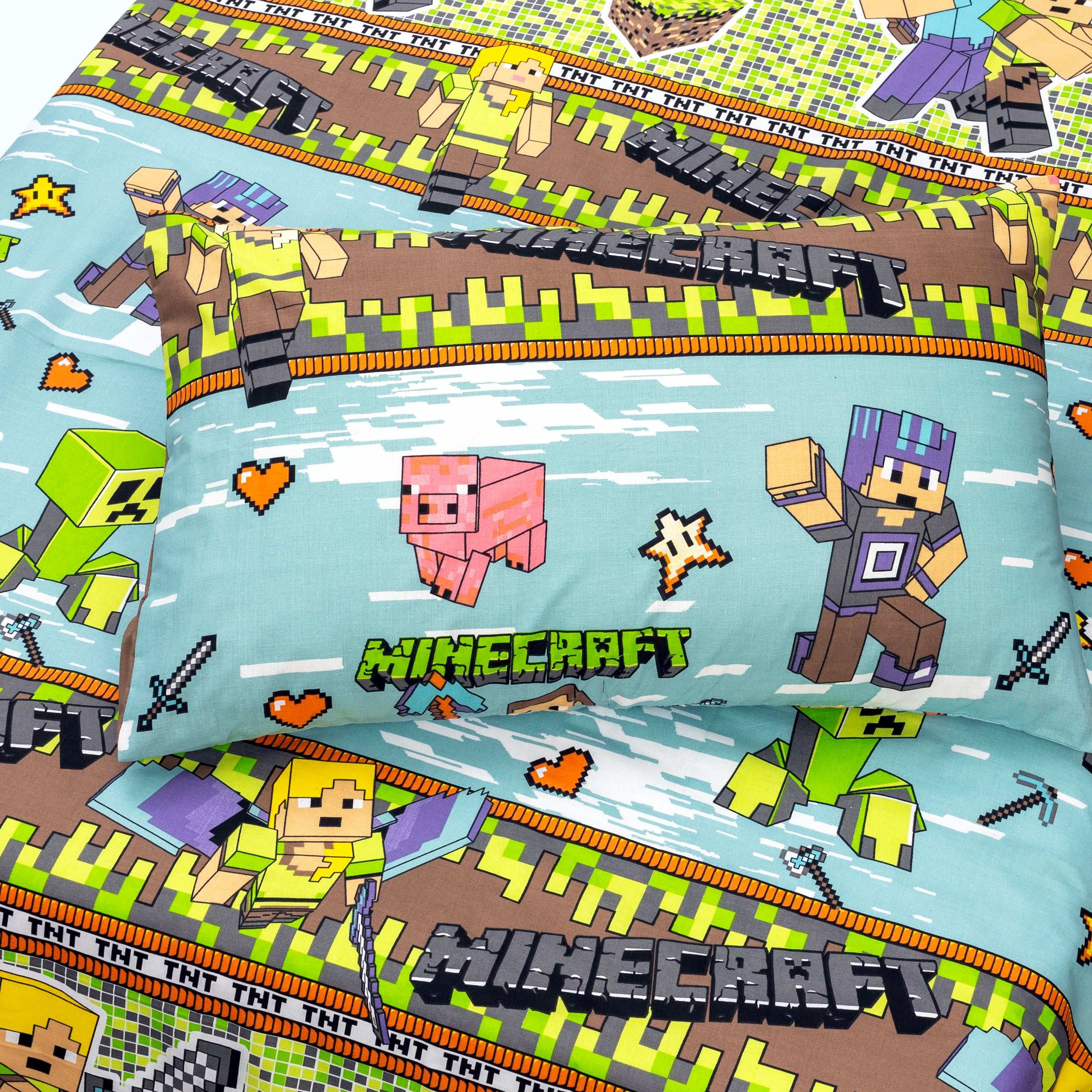 Alezam Store Cotton Bed Sheet for Kids with Minecraft Print and Pillow Cover