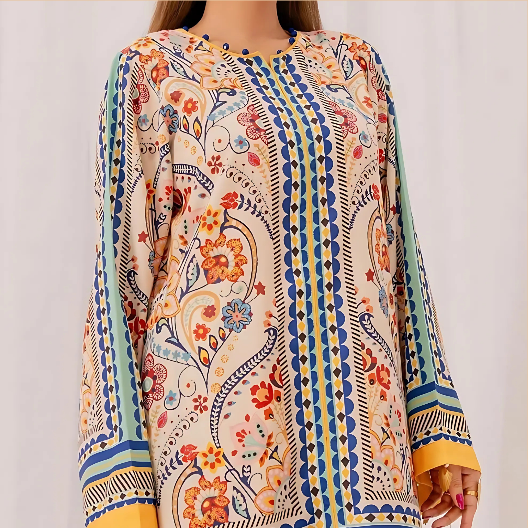 Stylish Printed 2 Piece Suit for Women V-Neck Shirt & Plain Trouser Set