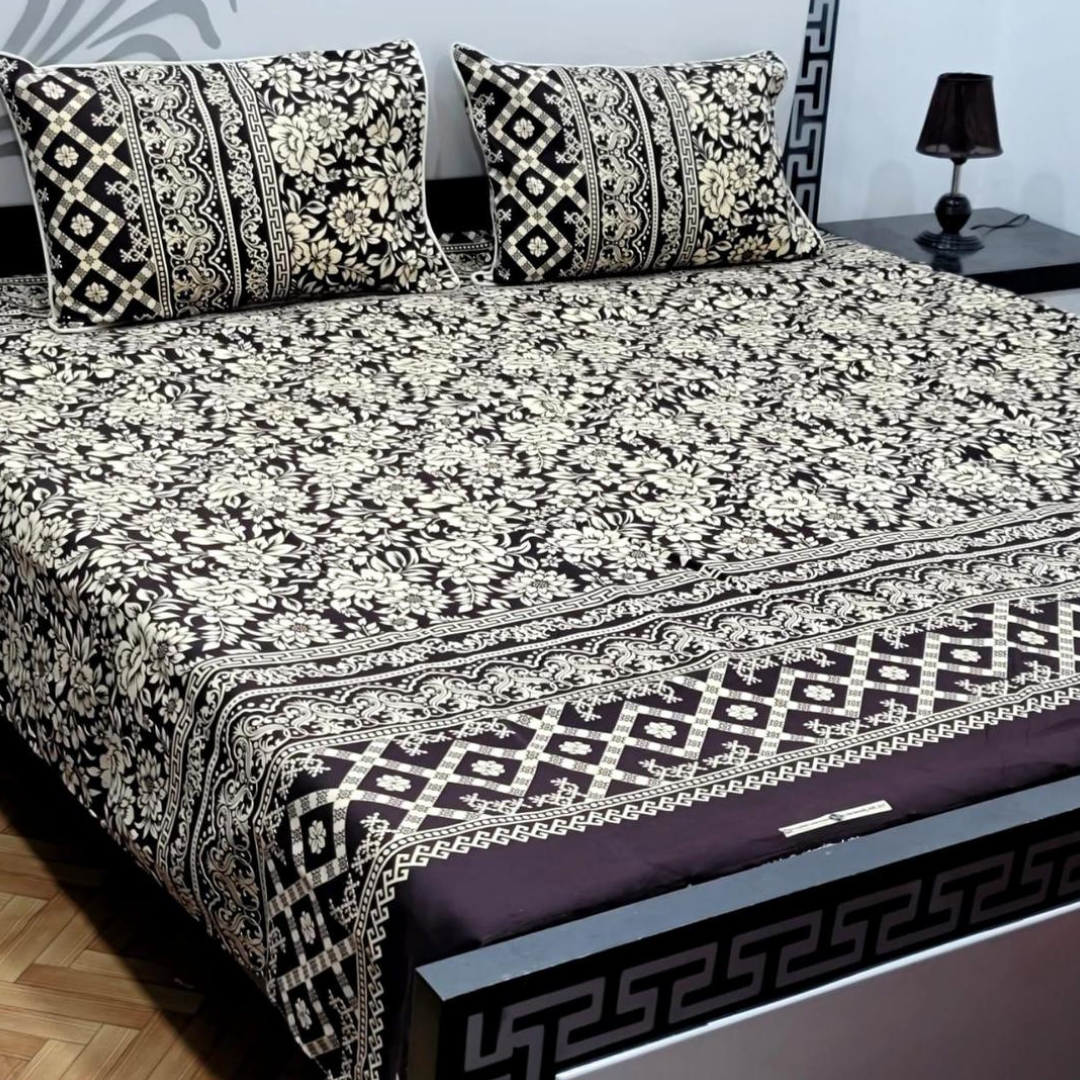 3 Pcs Floral Printed Cotton Bed Sheet with Pillow Covers
