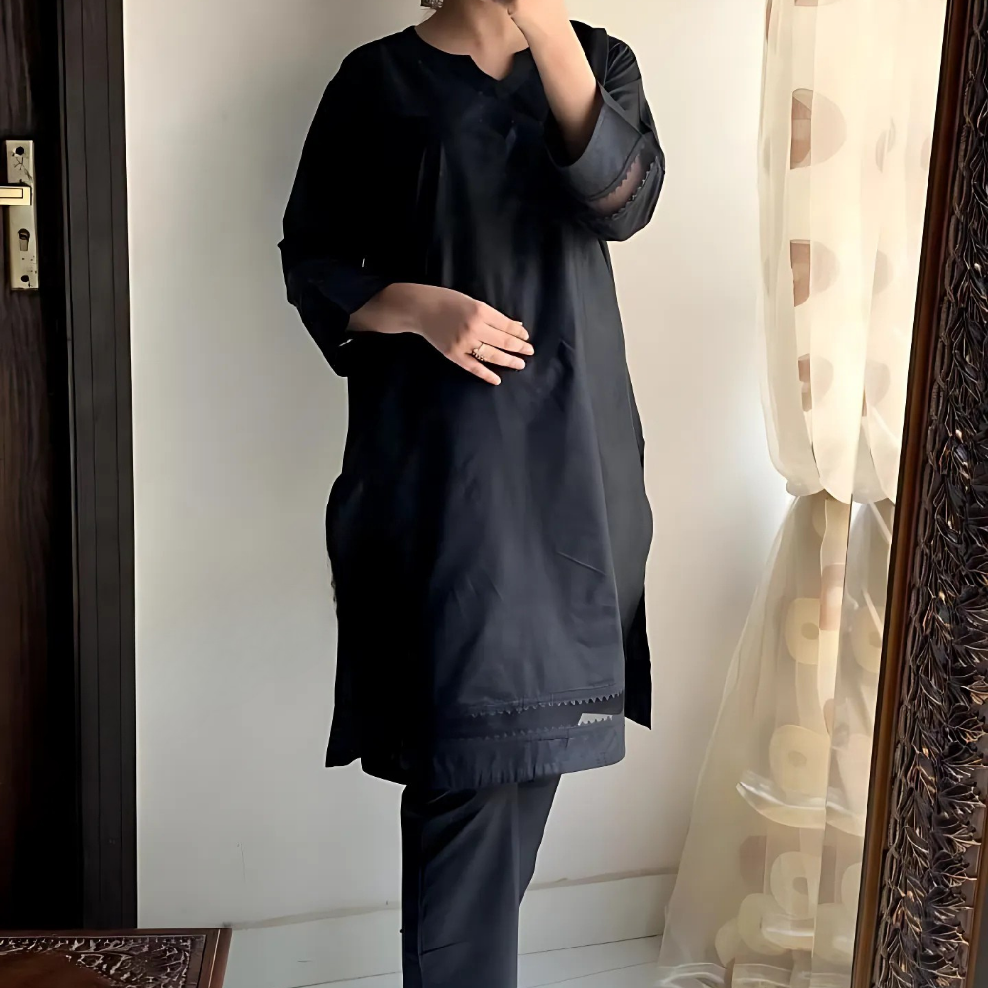 Black Plain Lawn 2 Piece Stitched Suit for Women - V-Neck Shirt and Trouser