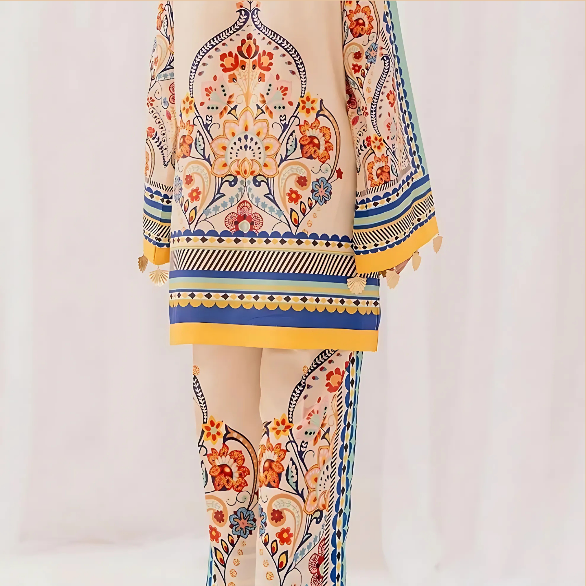 Stylish Printed 2 Piece Suit for Women V-Neck Shirt & Plain Trouser Set