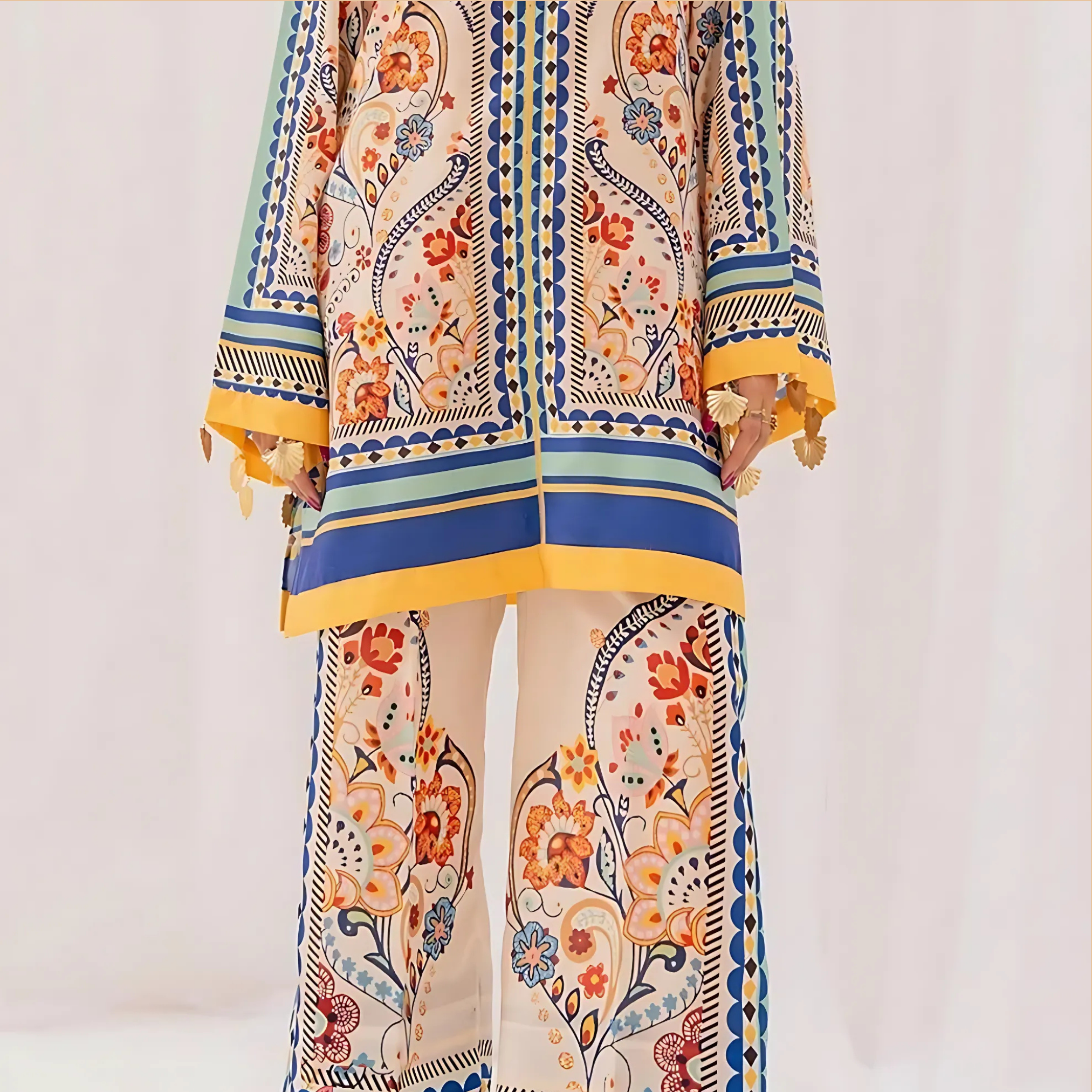 Stylish Printed 2 Piece Suit for Women V-Neck Shirt & Plain Trouser Set