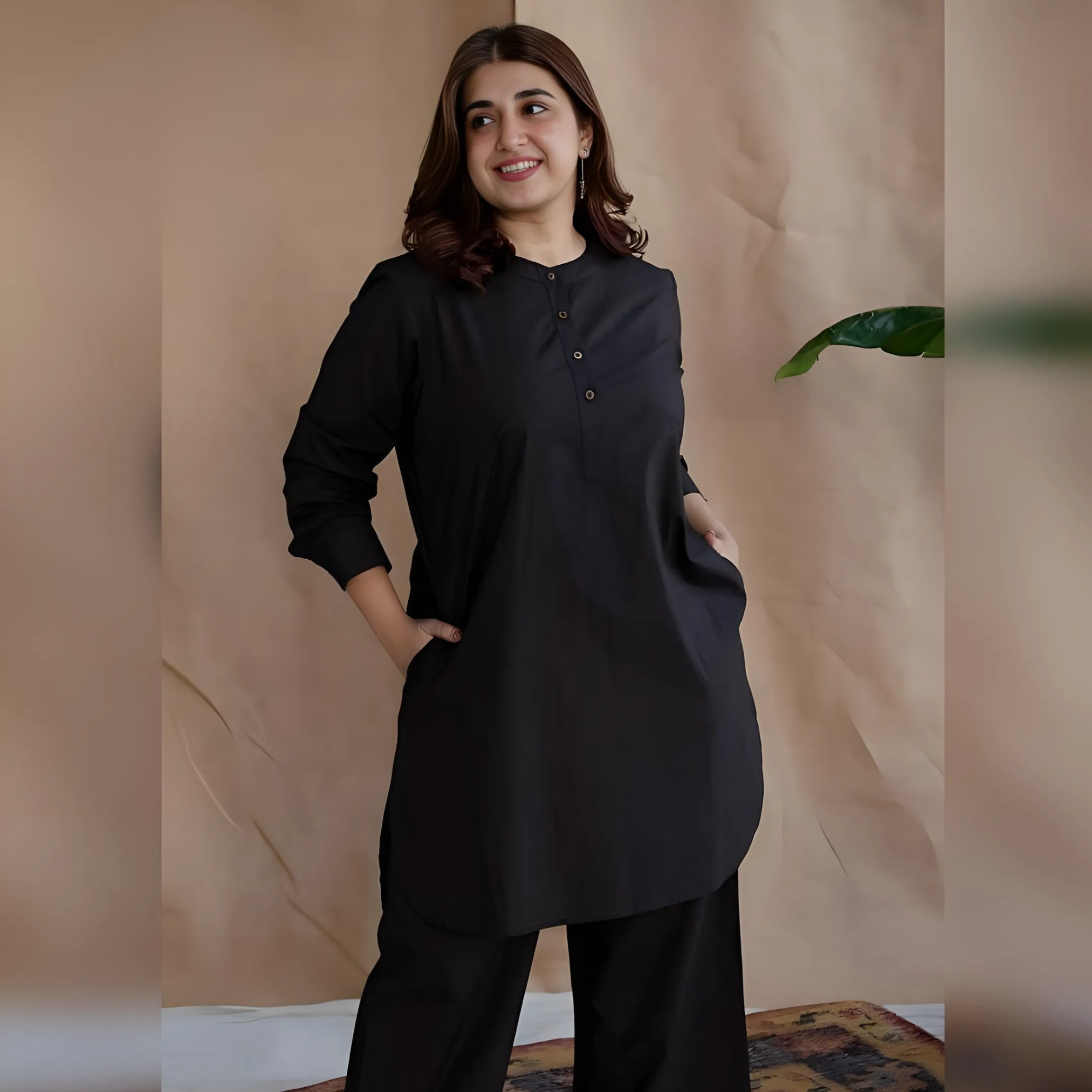 Black Cotton 2 Piece Stitched Suit for Women – Sherwani Collar Shirt with Pocket and Trouser