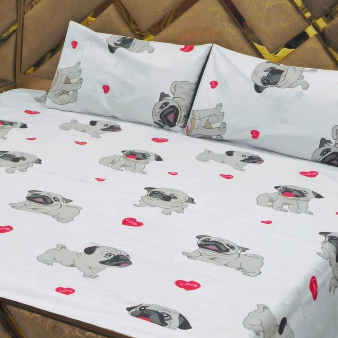 Premium Quality 3 Pcs King Size Cotton Bed Sheet Set with Dog Pattern