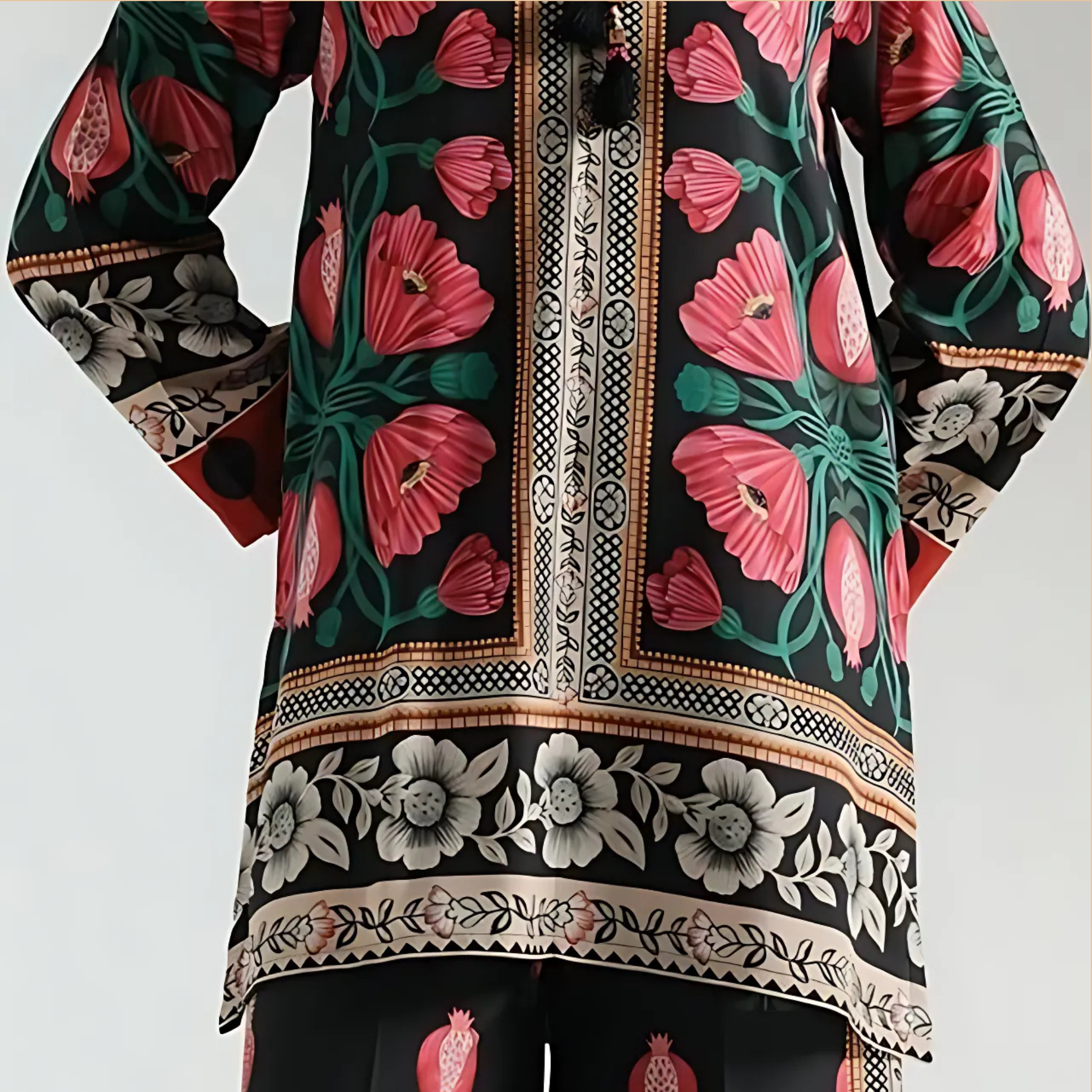 Printed 2 Piece Suit for Women – Stylish V-Neck Shirt & Plain Trouser