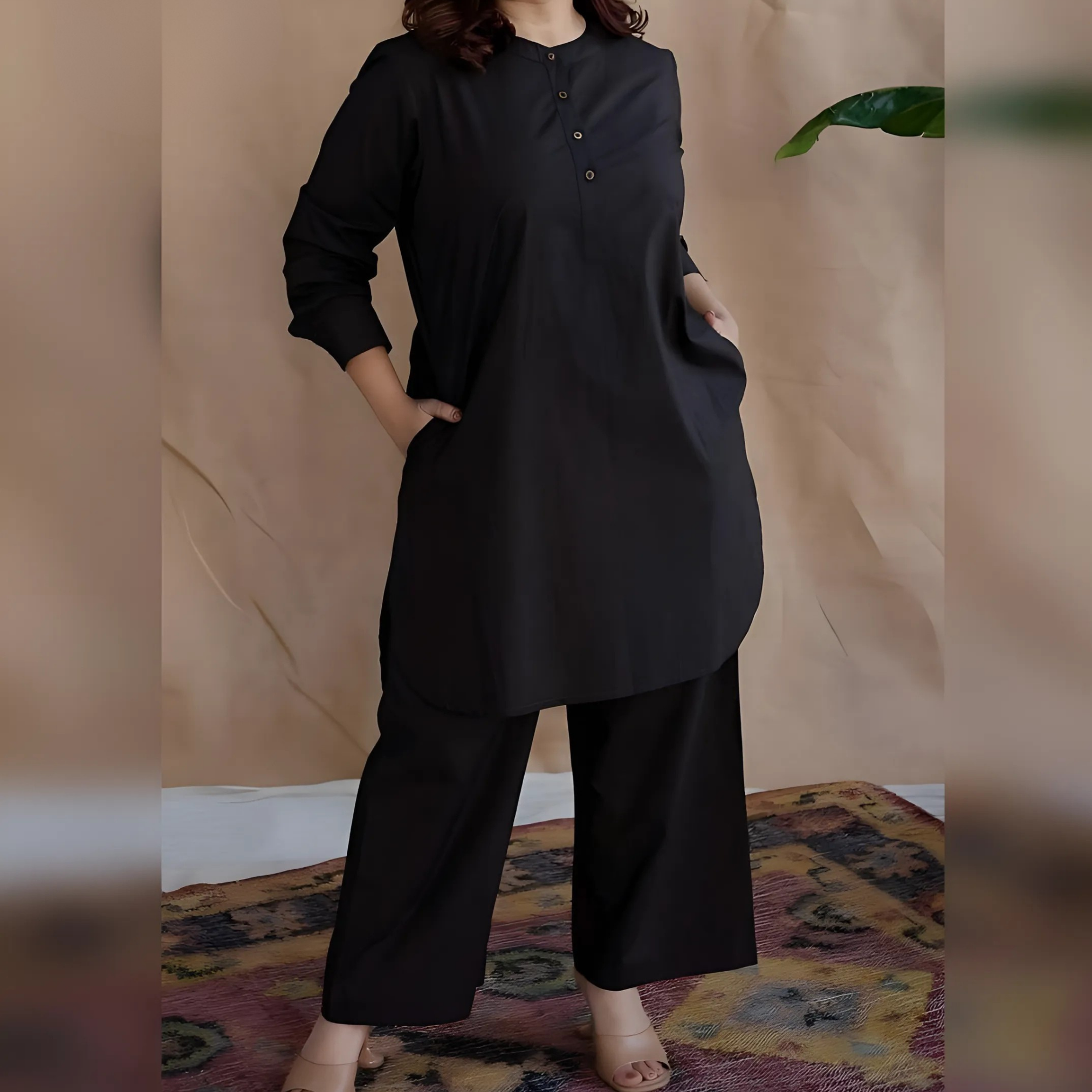 Black Cotton 2 Piece Stitched Suit for Women – Sherwani Collar Shirt with Pocket and Trouser