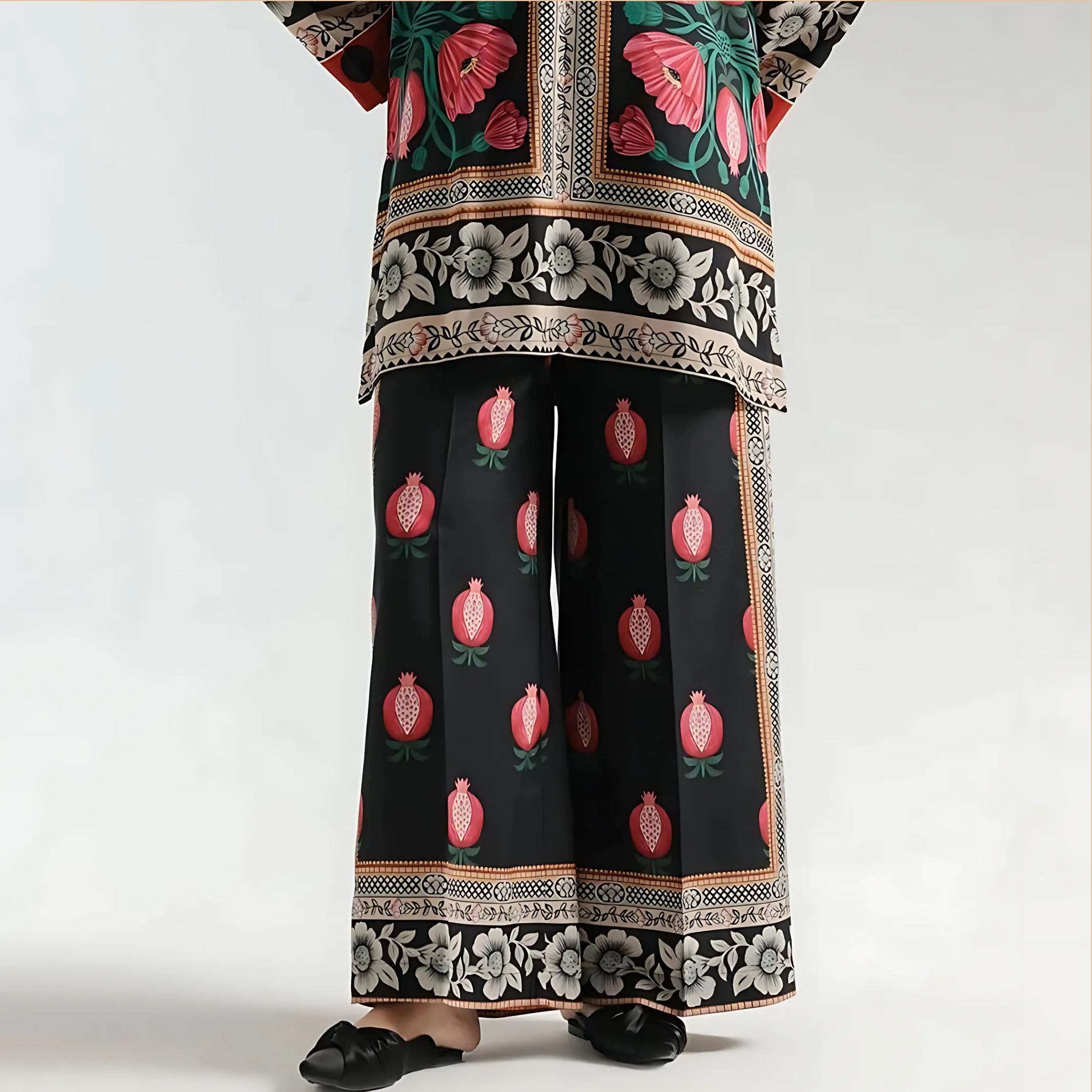 Printed 2 Piece Suit for Women – Stylish V-Neck Shirt & Plain Trouser