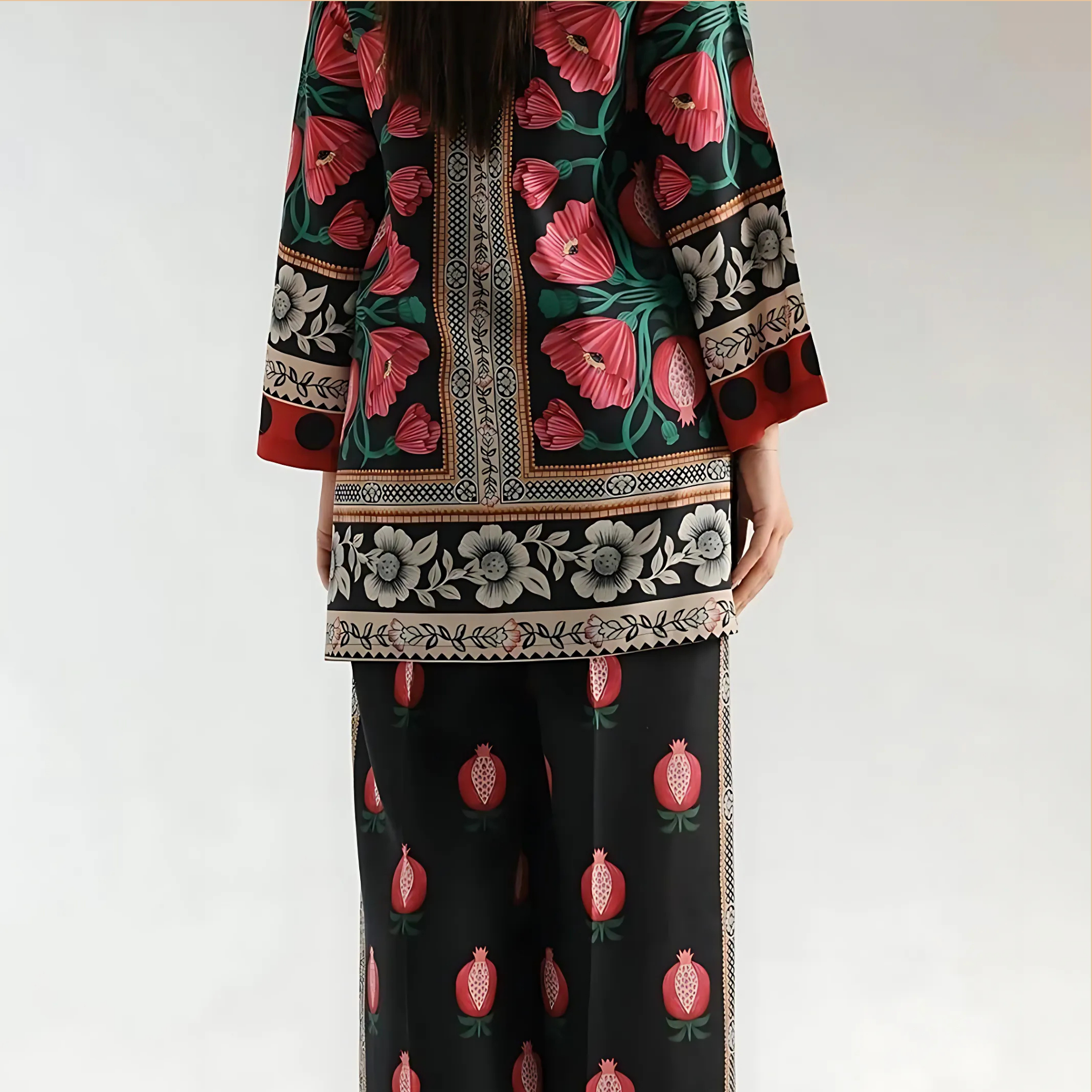 Printed 2 Piece Suit for Women – Stylish V-Neck Shirt & Plain Trouser