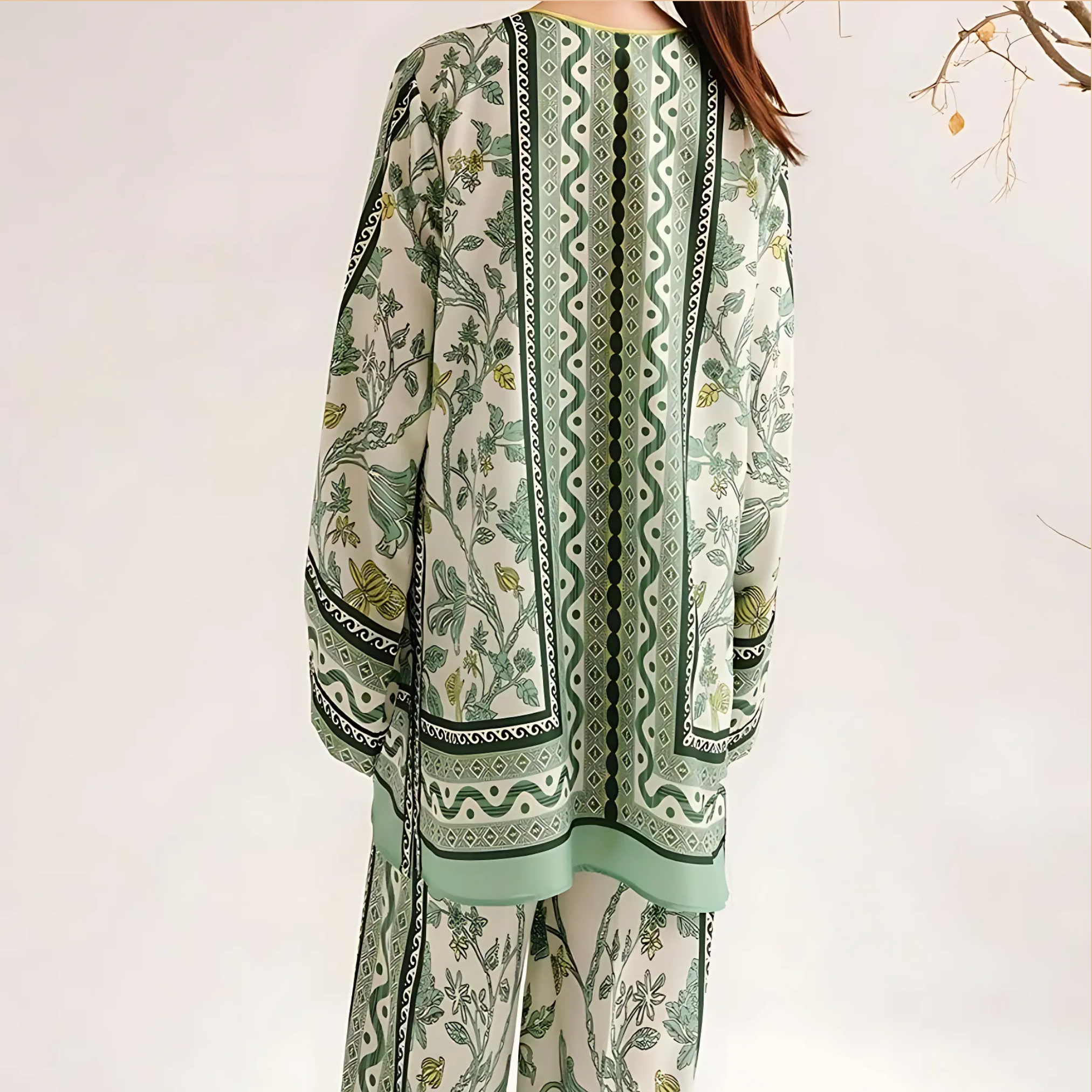 Stylish V-Neck Printed 2 Piece Stitched Suit - Shirt with Plain Trouser for Women