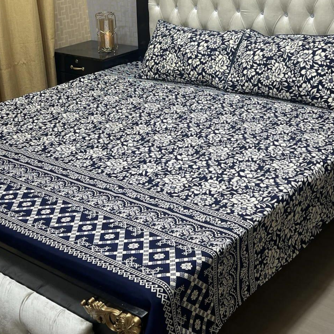 3 Pcs King Size Cotton Bed Sheet Set with Pillow Cases