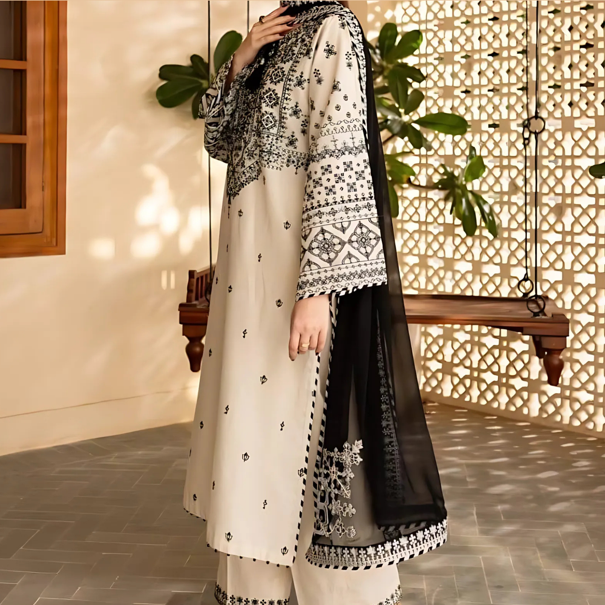 Stitched 3 Piece Embroidered Cotton Suit for Women – Off White Shirt, Trouser, and Organza Dupatta Set