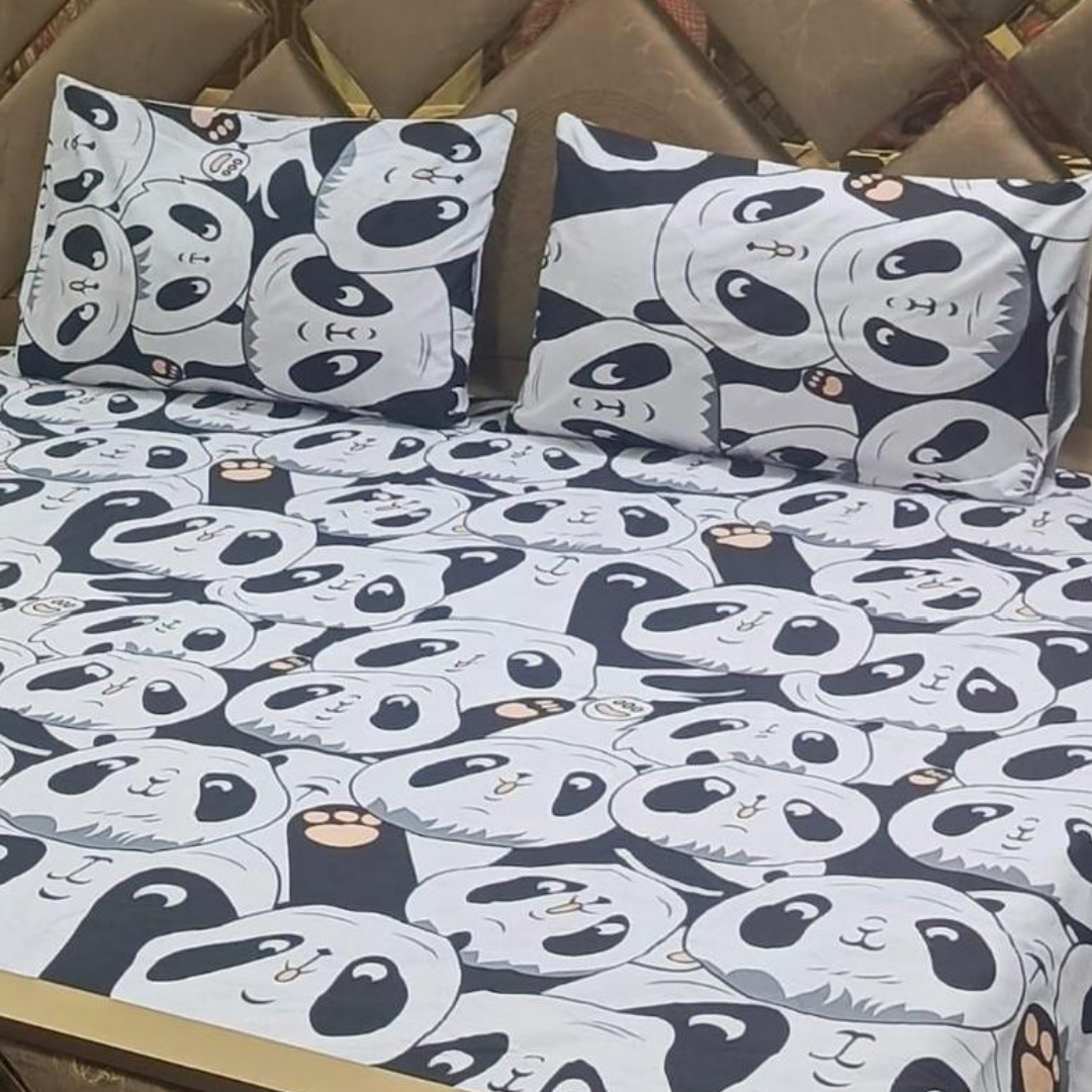 Panda Print 3 Pcs King Size Cotton Bed Sheet Set with 2 Pillow Covers