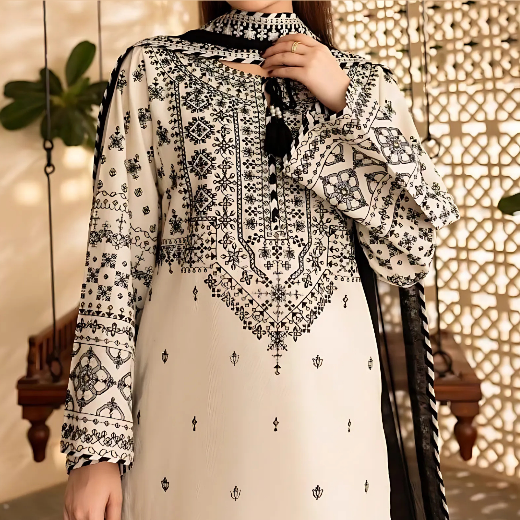 Stitched 3 Piece Embroidered Cotton Suit for Women – Off White Shirt, Trouser, and Organza Dupatta Set