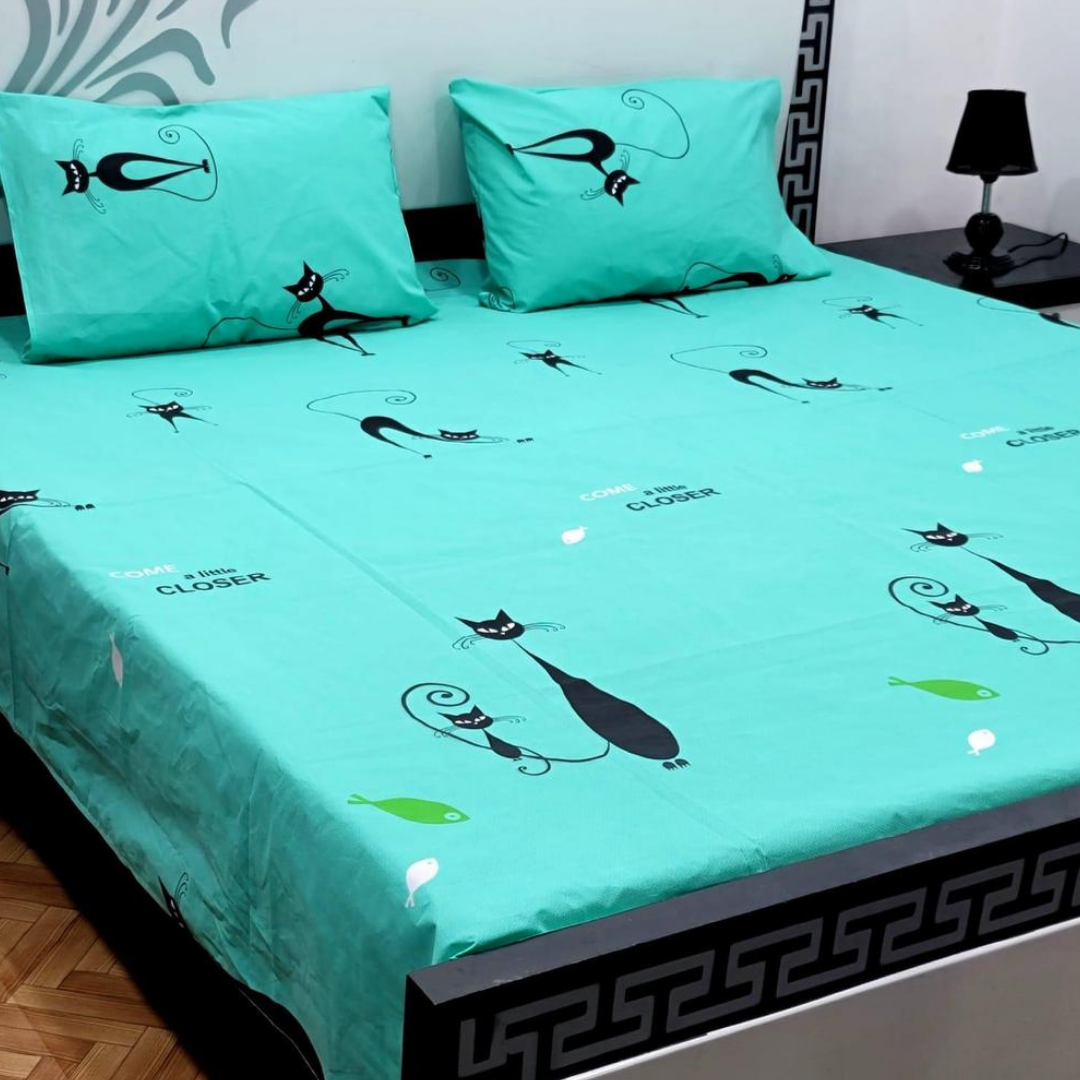 Cat Print 3 Pcs King Size Cotton Bed Sheet Set with 2 Pillow Covers