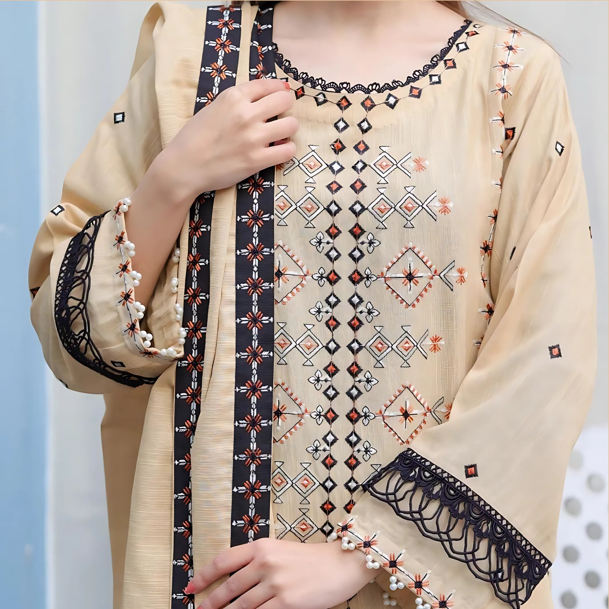 Embroidered Cotton 3 Piece Stitched Suit for Women – Beige Shirt, Plain Trouser and Linen Dupatta