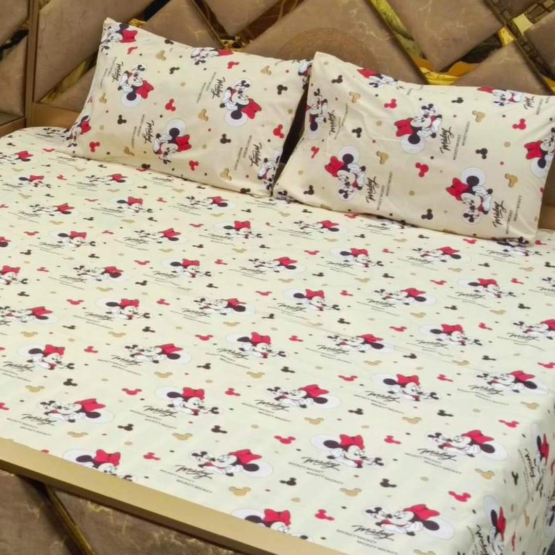 Cute Minnie Mouse Design Cotton 3 Piece King Size Bed Sheet Set
