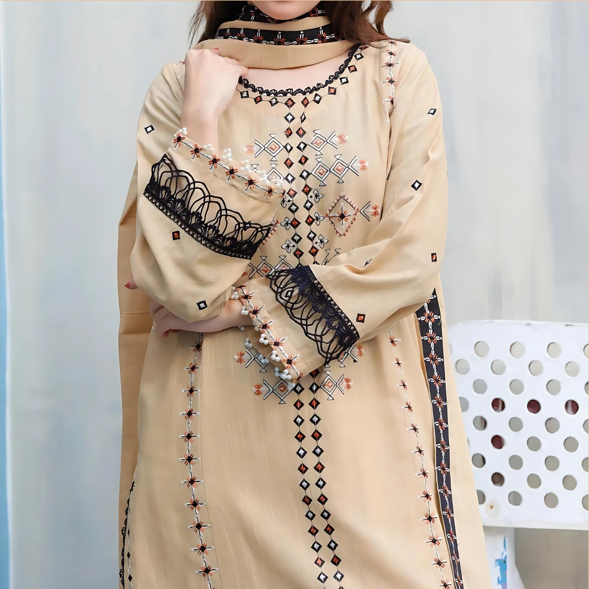 Embroidered Cotton 3 Piece Stitched Suit for Women – Beige Shirt, Plain Trouser and Linen Dupatta