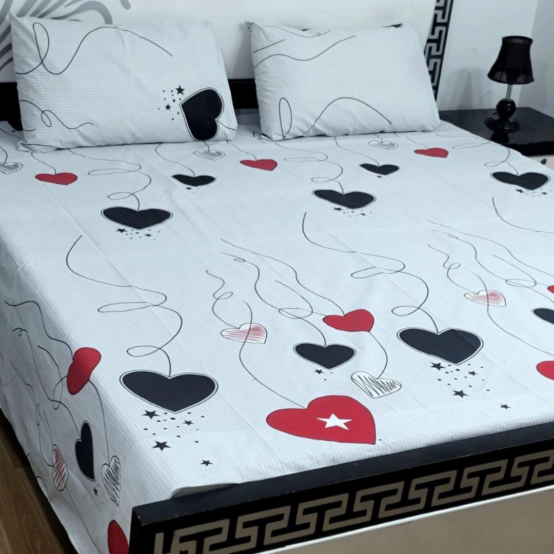 Soft Cotton 3 Pcs King Size Bed Sheet Set with Heart Prints