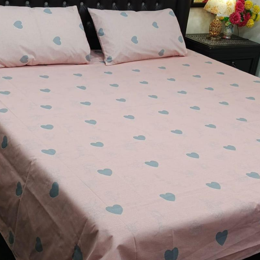 Premium 3 Pcs King Size Cotton Bed Sheets with Heart Design