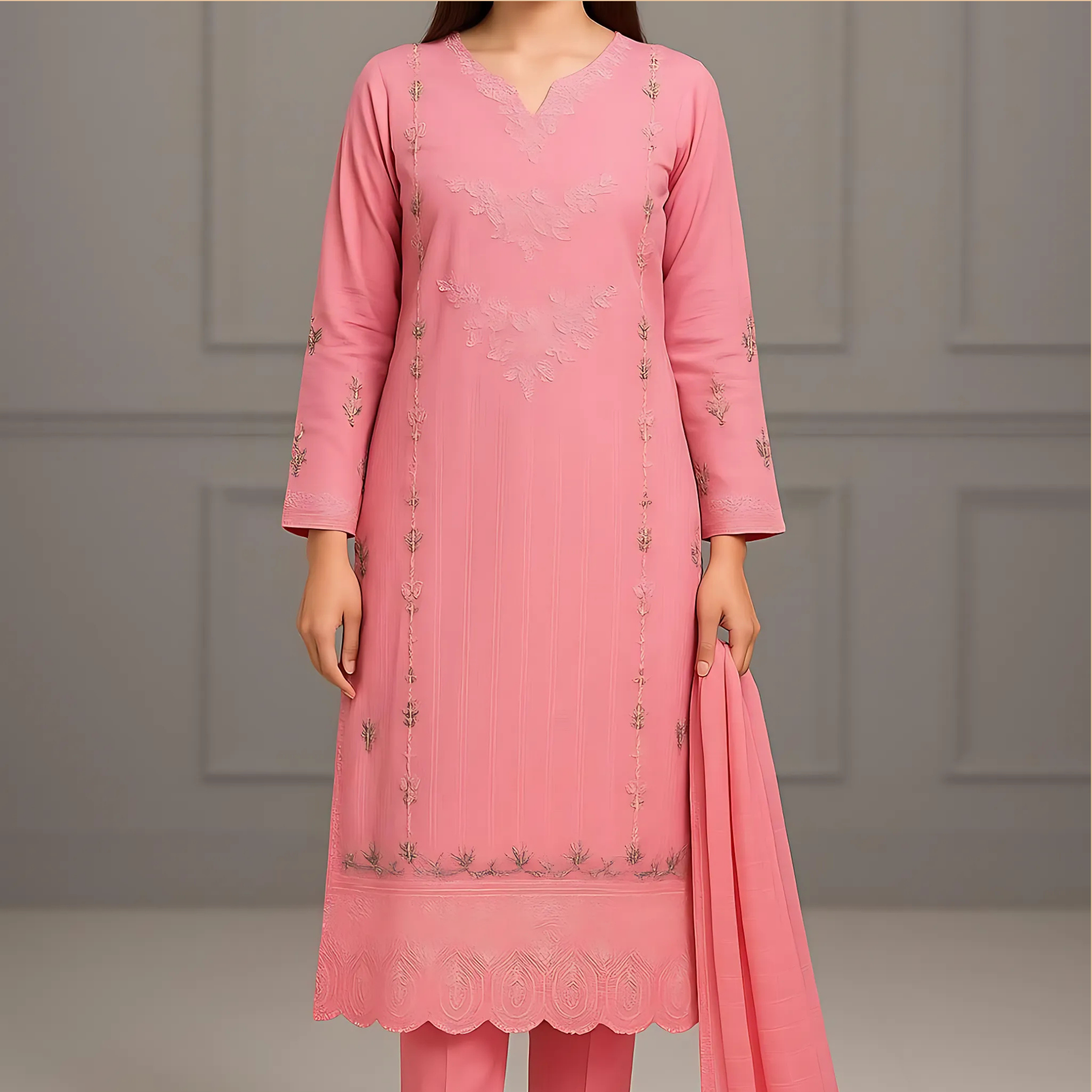 Stitched 3-Piece Embroidered Suit for Women – PV Cotton with Net Dupatta