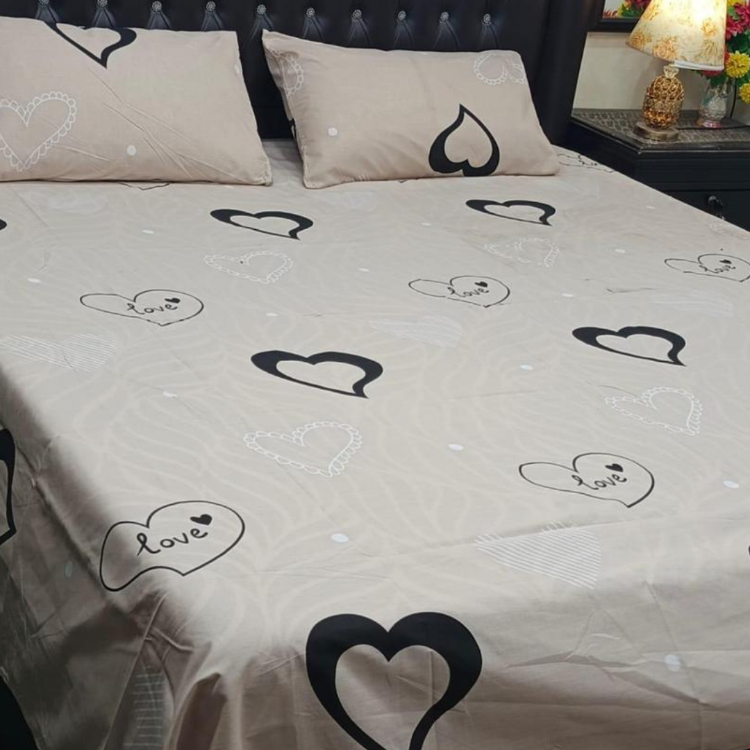 Floral Heart Print 3 Pcs King Size Cotton Bed Sheet in Pakistan