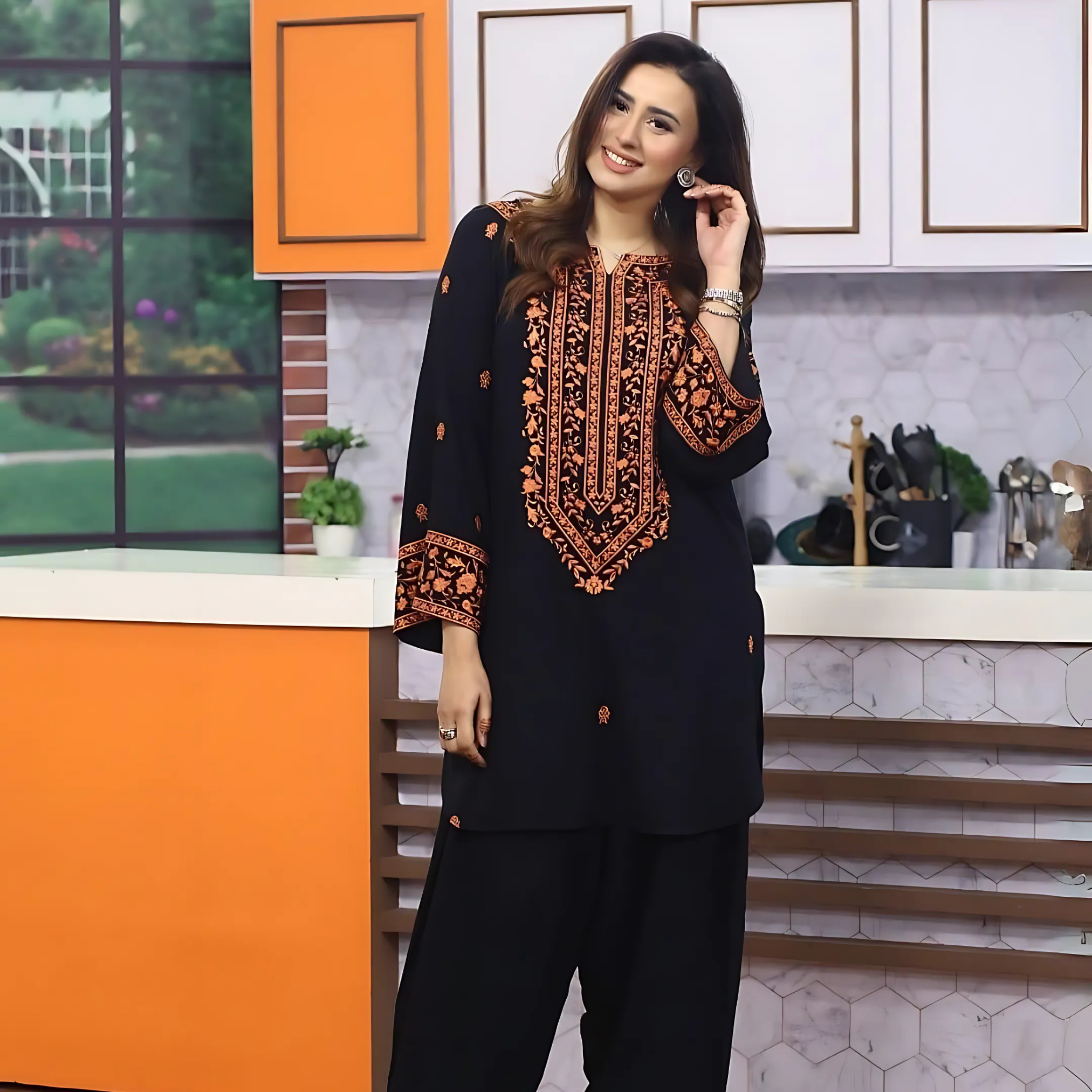 Black Embroidered Cotton Stitched 2 Piece Suit for Women – Elegant Shirt & Trouser Set