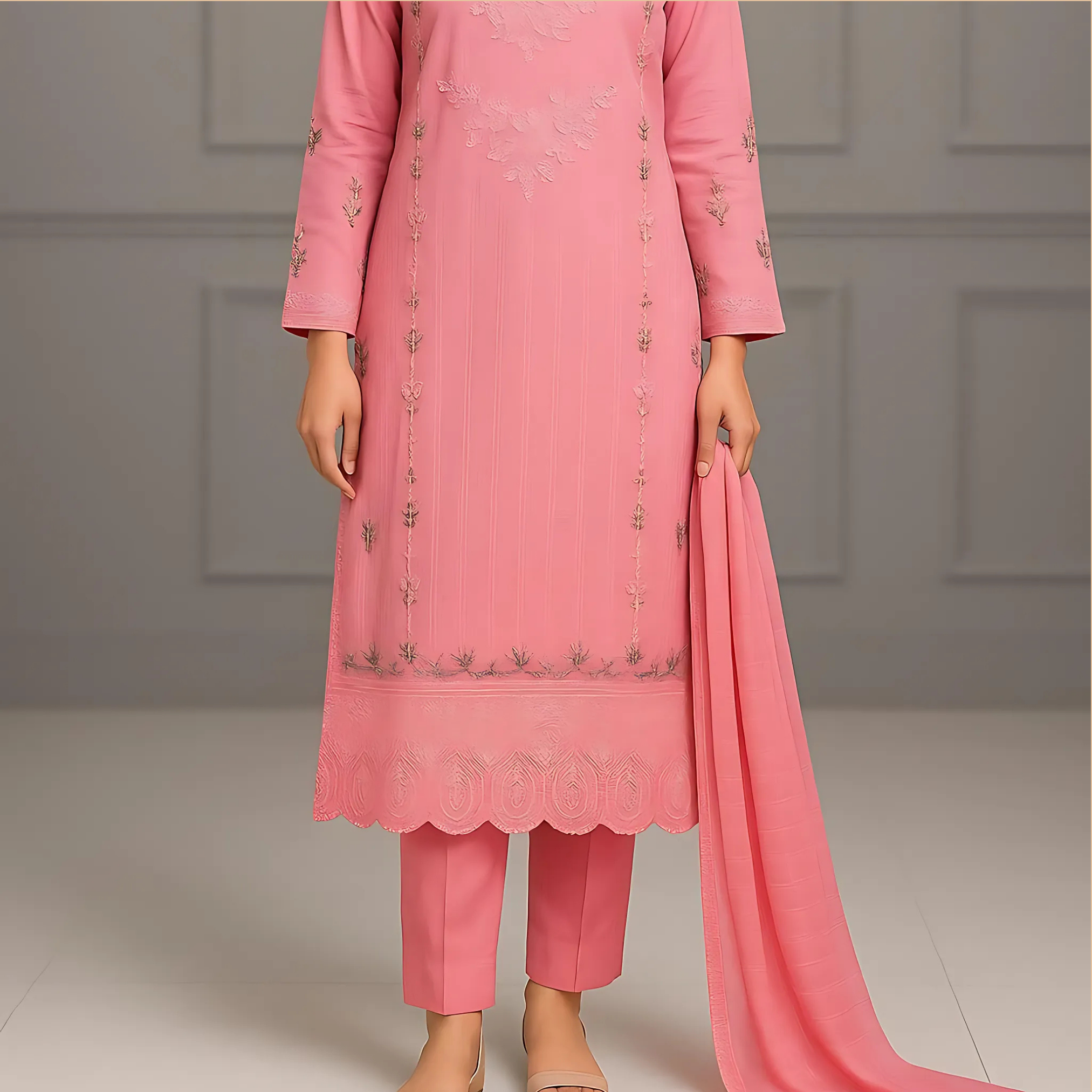 Stitched 3-Piece Embroidered Suit for Women – PV Cotton with Net Dupatta