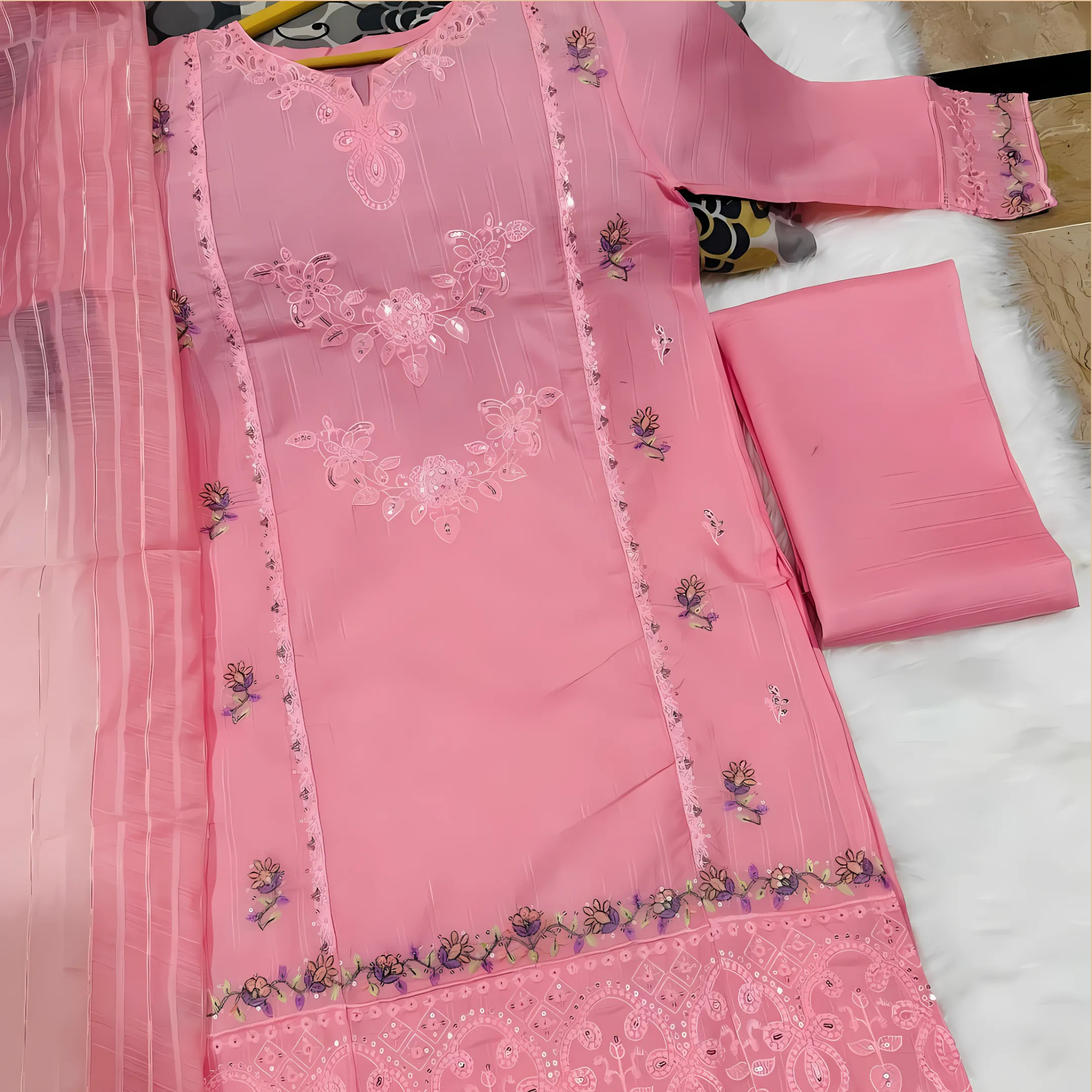 Stitched 3-Piece Embroidered Suit for Women – PV Cotton with Net Dupatta