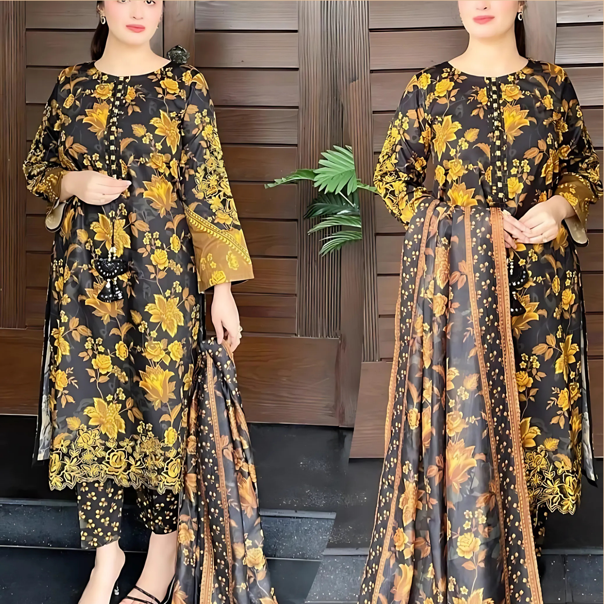 3-Piece Stitched Printed Lawn Suit for Women – Mustard with Organza Dupatta