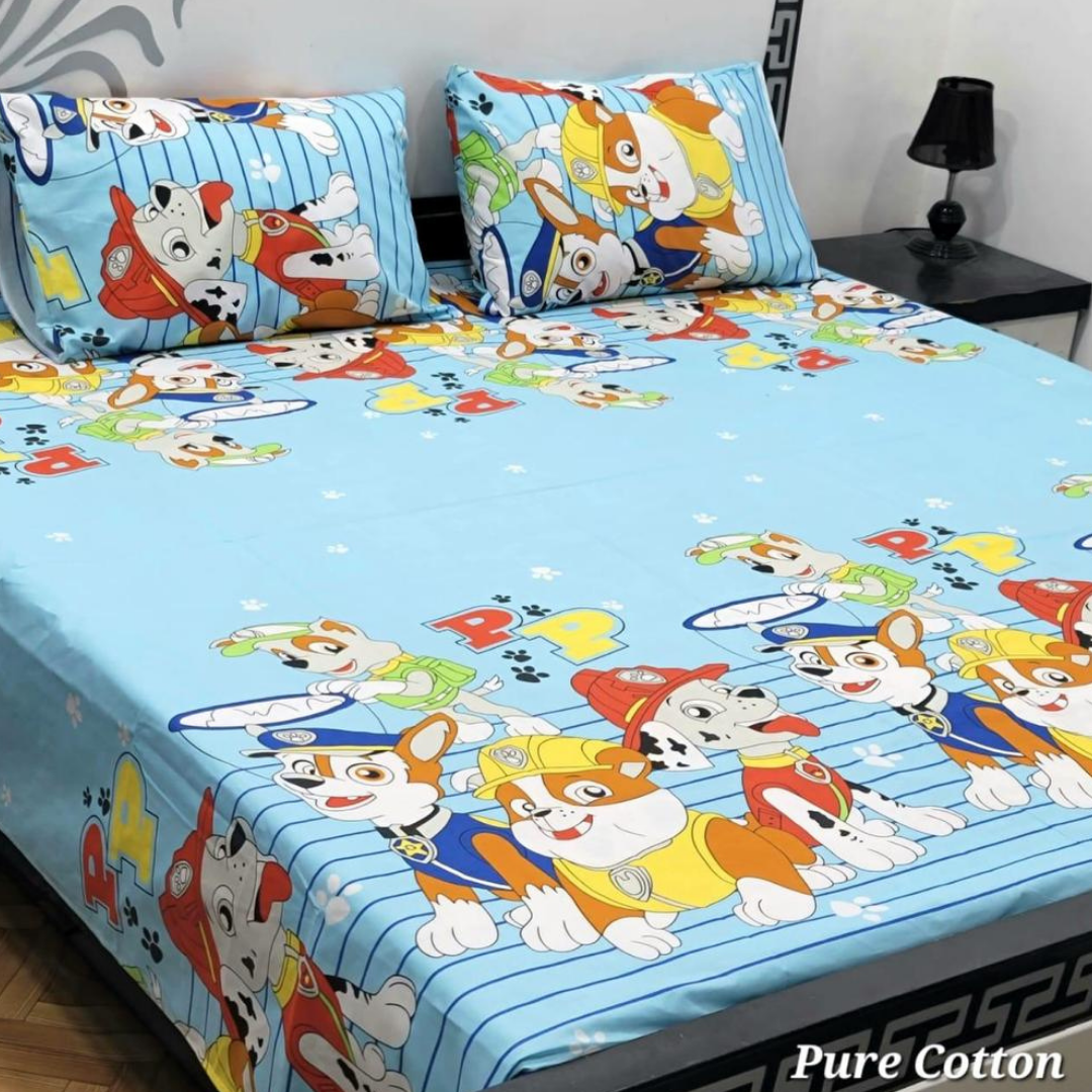 3 Piece King Size Cotton Bed Sheet Set with Cartoon Paw Patrol Design for Kids