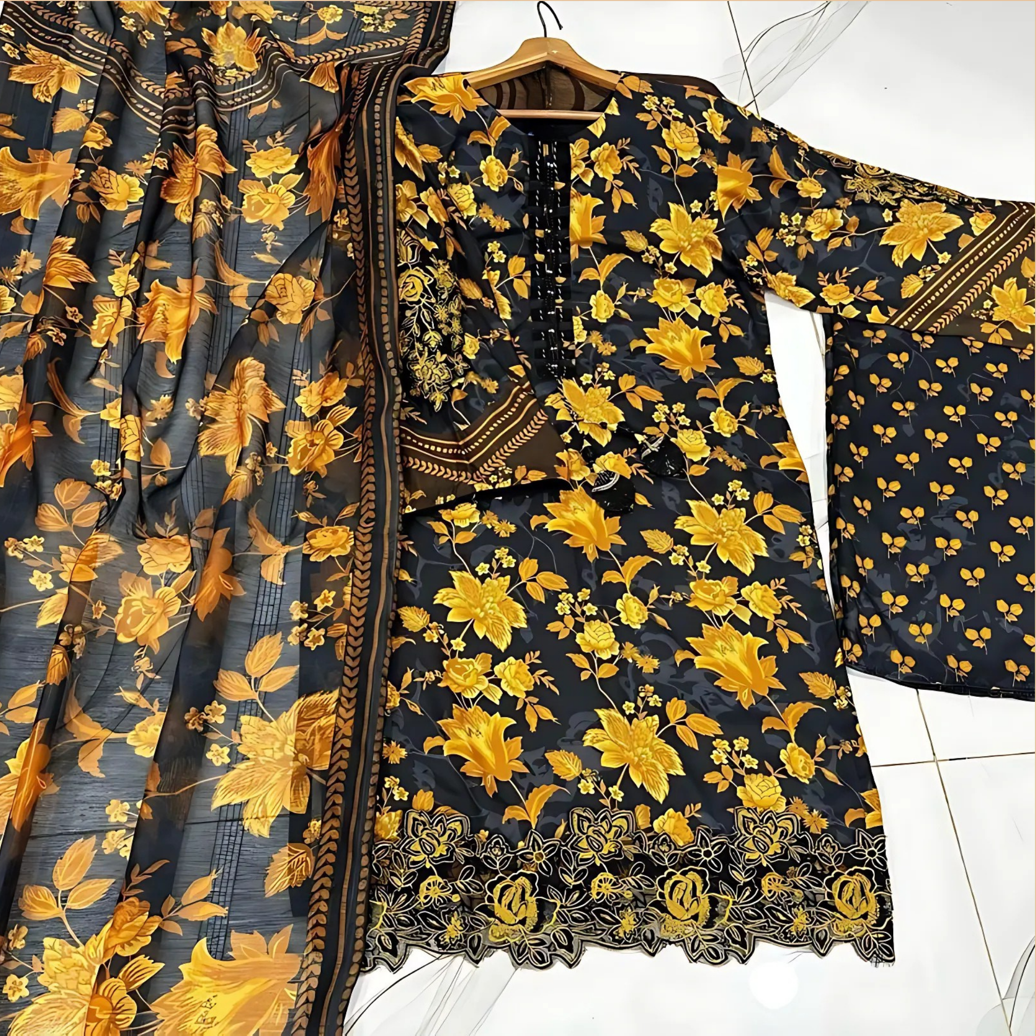3-Piece Stitched Printed Lawn Suit for Women – Mustard with Organza Dupatta