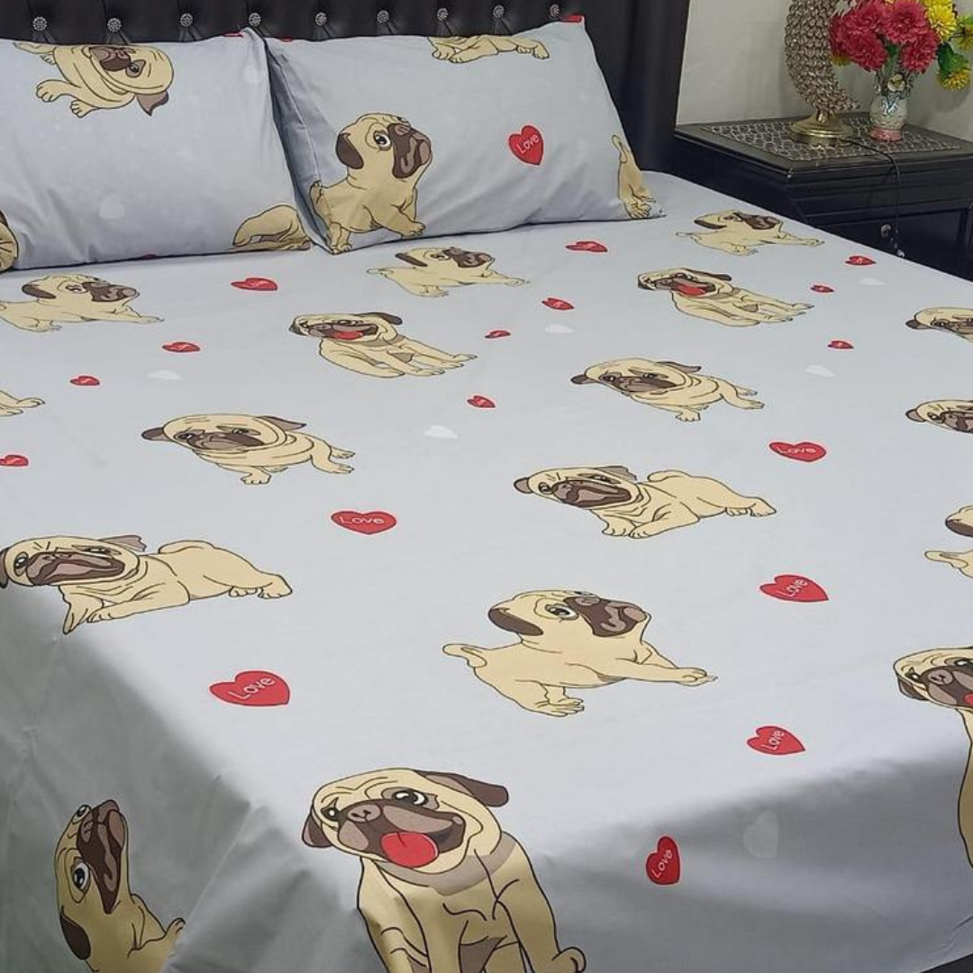 Cute Puppy Pug Design 3 Pcs Pure Cotton King Size Bed Sheet Set in Pakistan