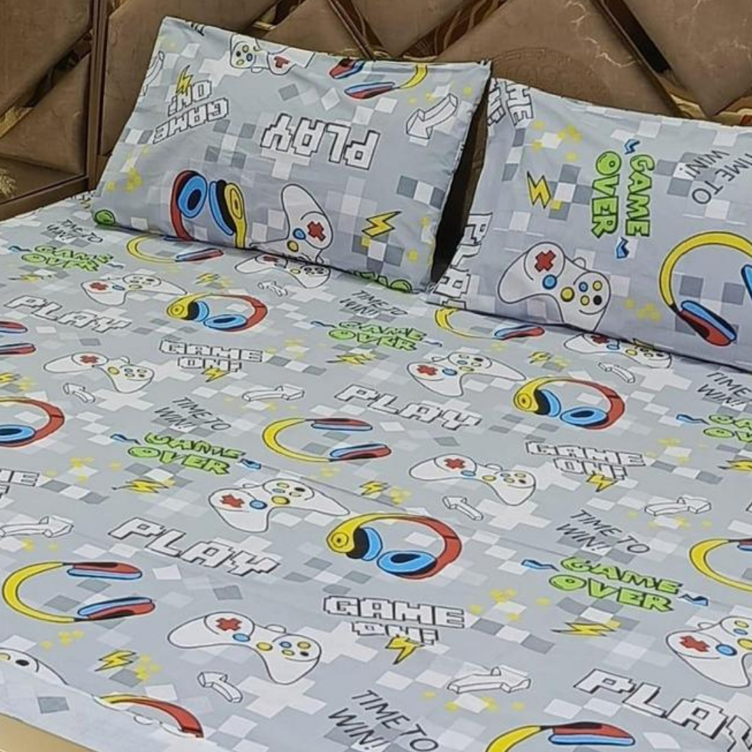 3 Piece Pure Cotton King Size Bed Sheet Set for Boys with Gaming Console Print