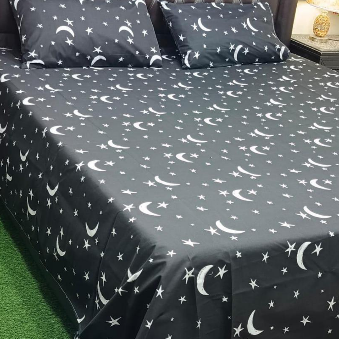 Black Moon and Stars Printed 3 Pcs Cotton Bed Sheet Set King Size