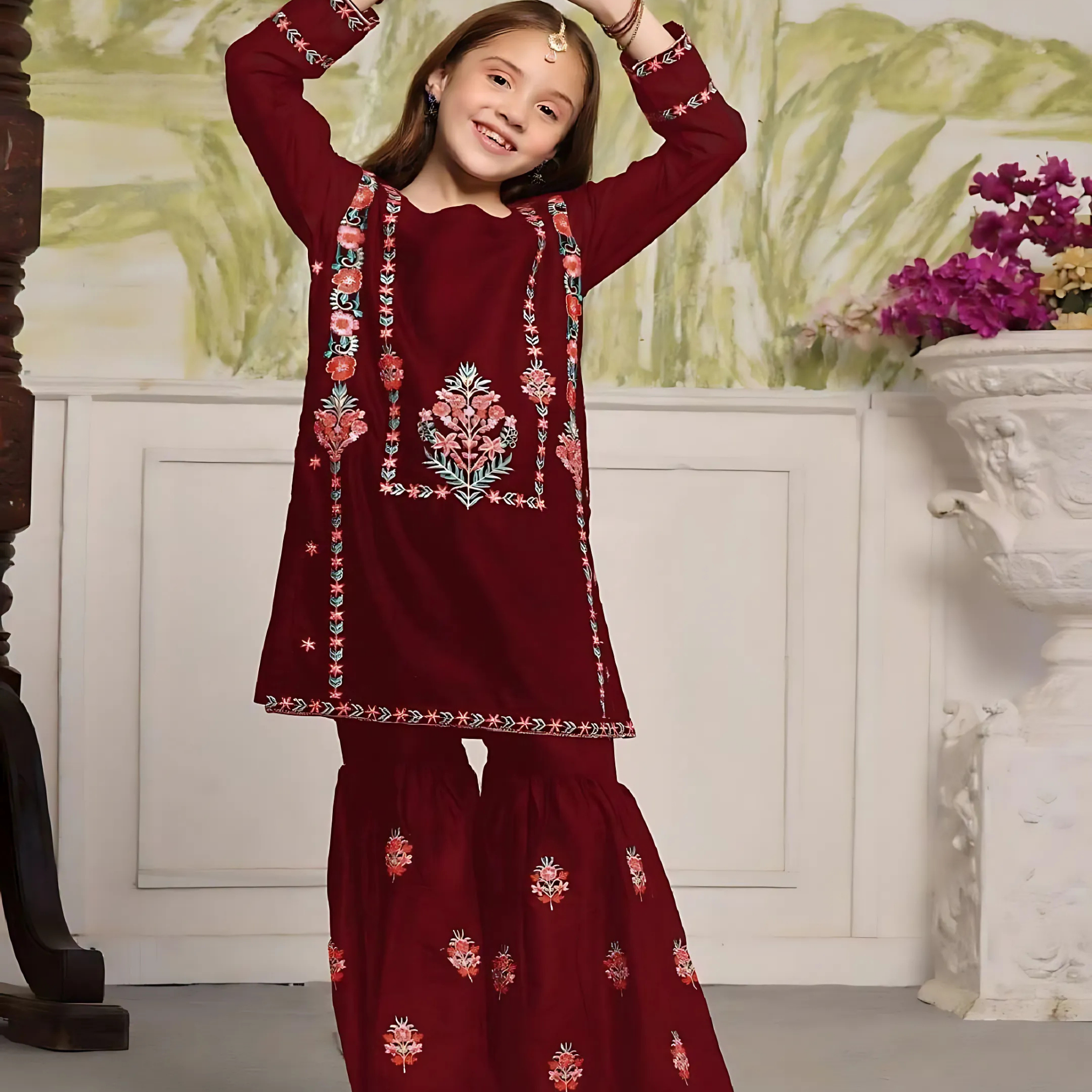 2 Pcs Girls Embroidered Cotton Kurta Garara Set – Maroon Traditional Suit
