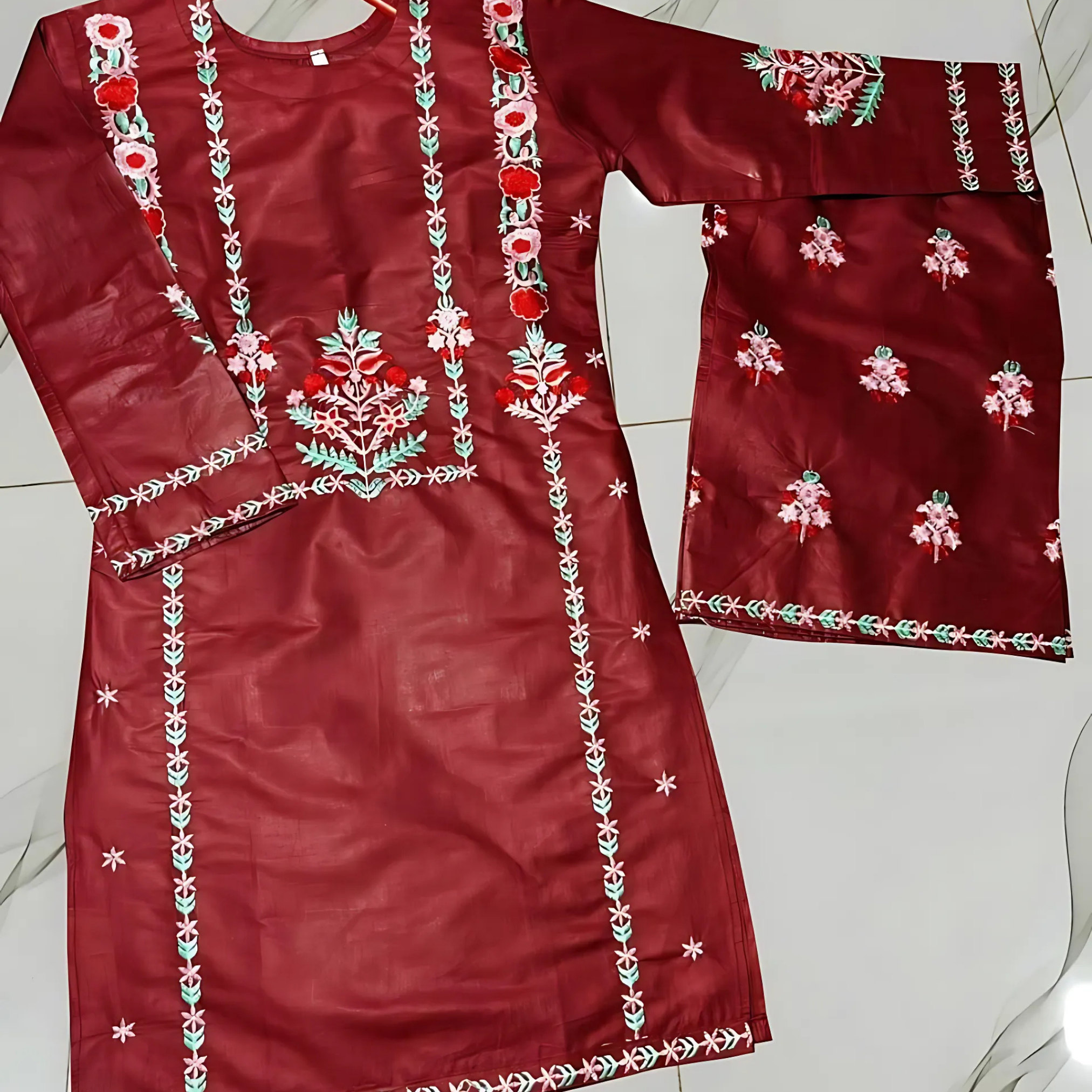 2 Pcs Girls Embroidered Cotton Kurta Garara Set – Maroon Traditional Suit
