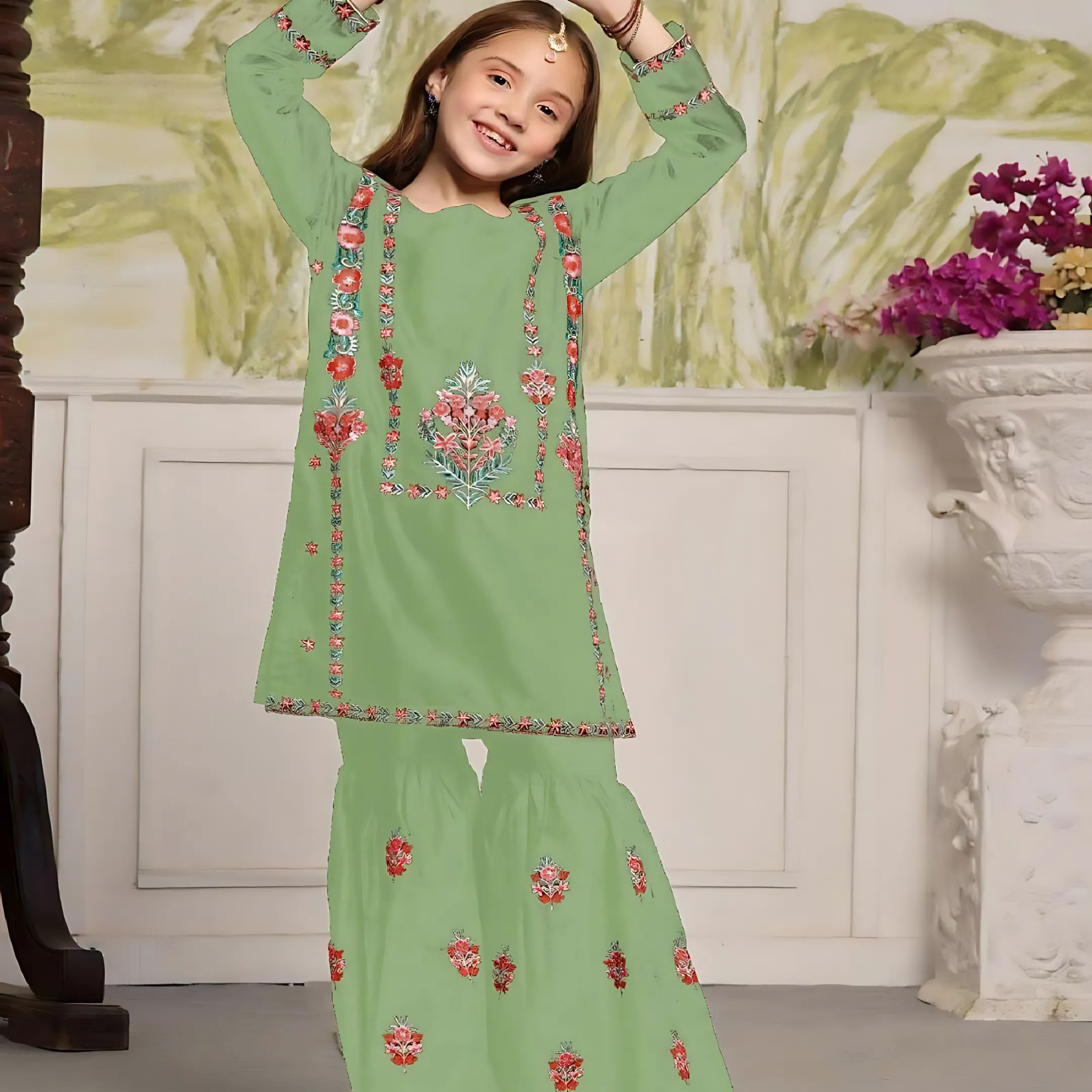 2 Pcs Girls Cotton Embroidered Kurta Garara Set – Soft Green Suit