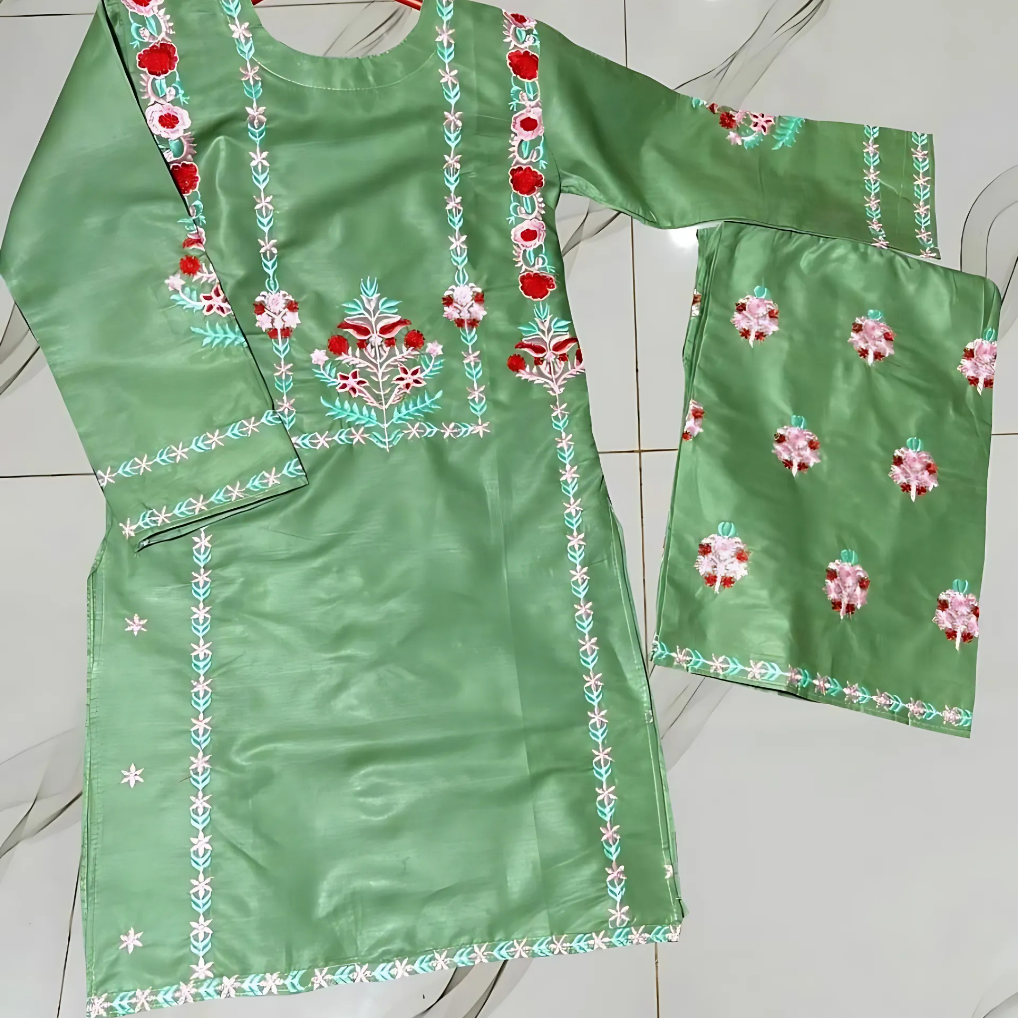 2 Pcs Girls Cotton Embroidered Kurta Garara Set – Soft Green Suit
