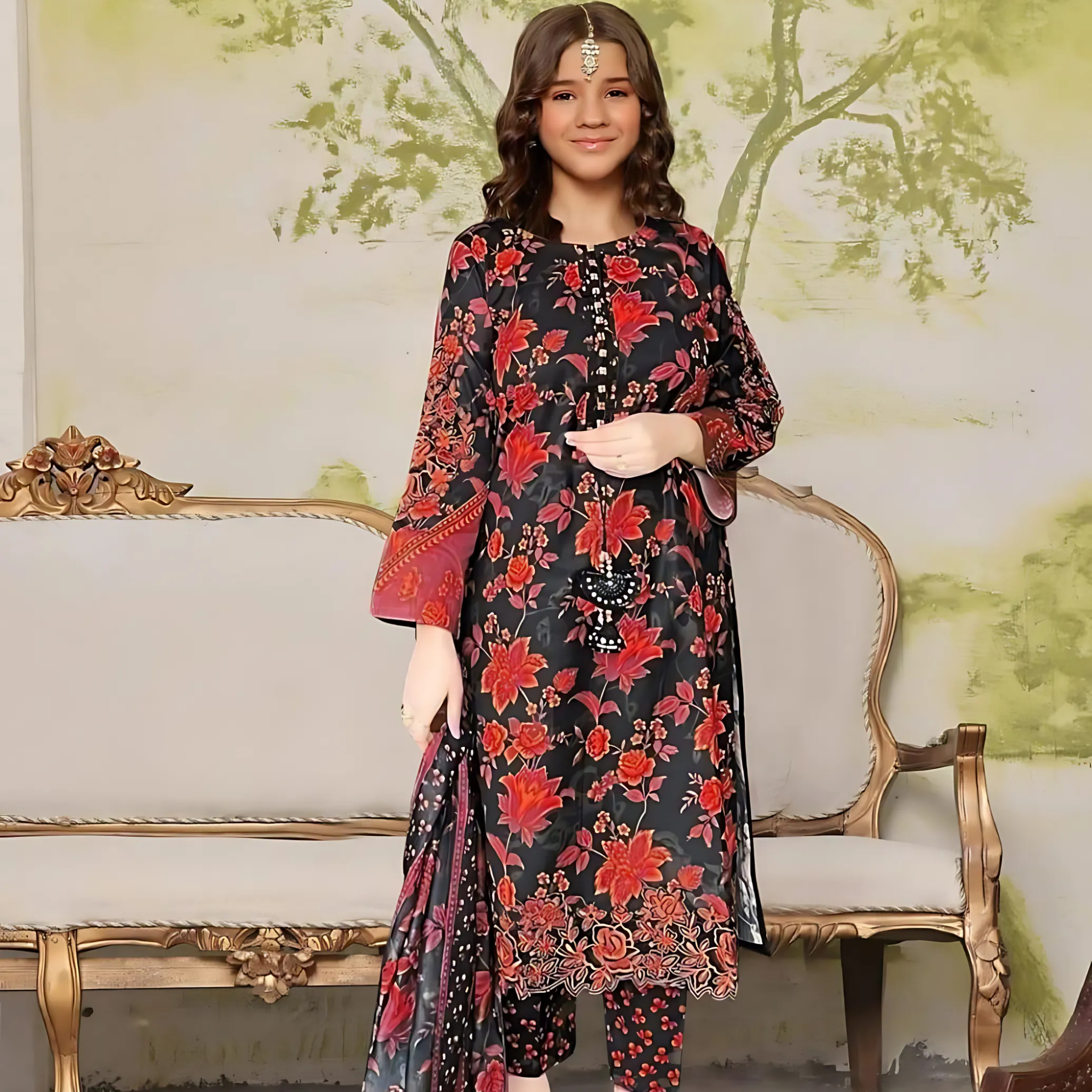 3 Pcs Girls Printed Lawn Suit – Stitched Red Swiss Lawn Dress with Dupatta