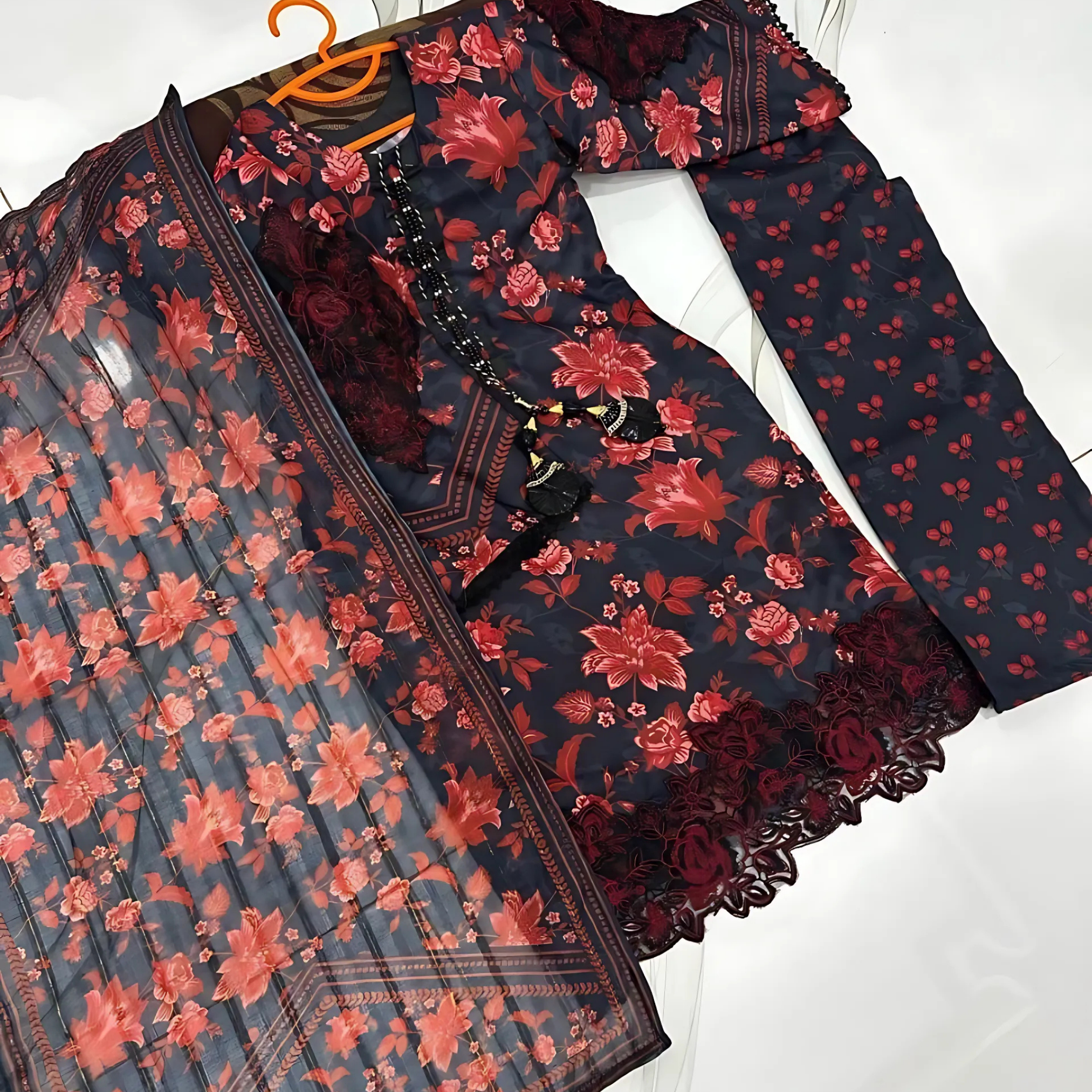 3 Pcs Girls Printed Lawn Suit – Stitched Red Swiss Lawn Dress with Dupatta