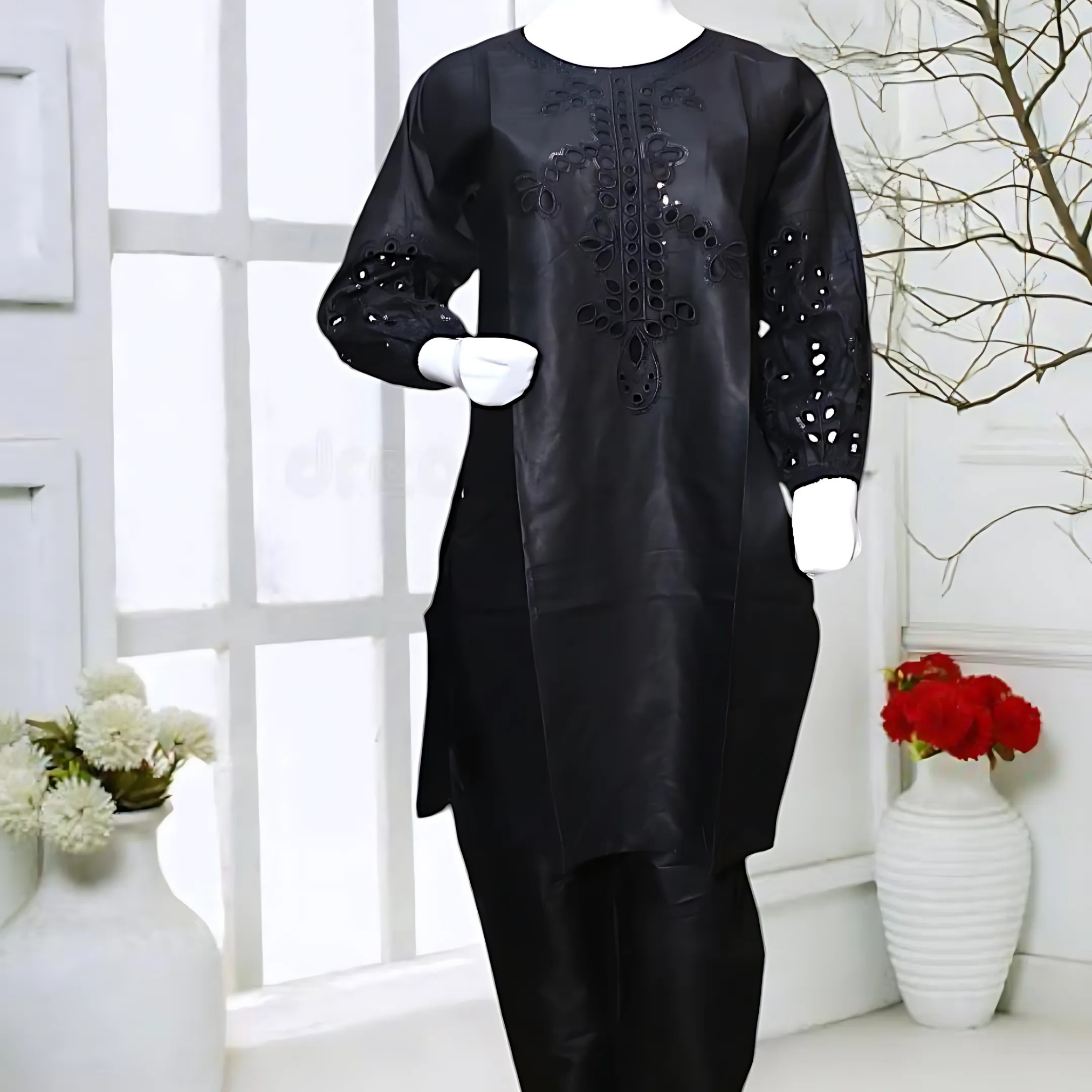 Black Cotton Embroidered 2 Piece Stitched Suit for Women - Pakistani Formal Wear