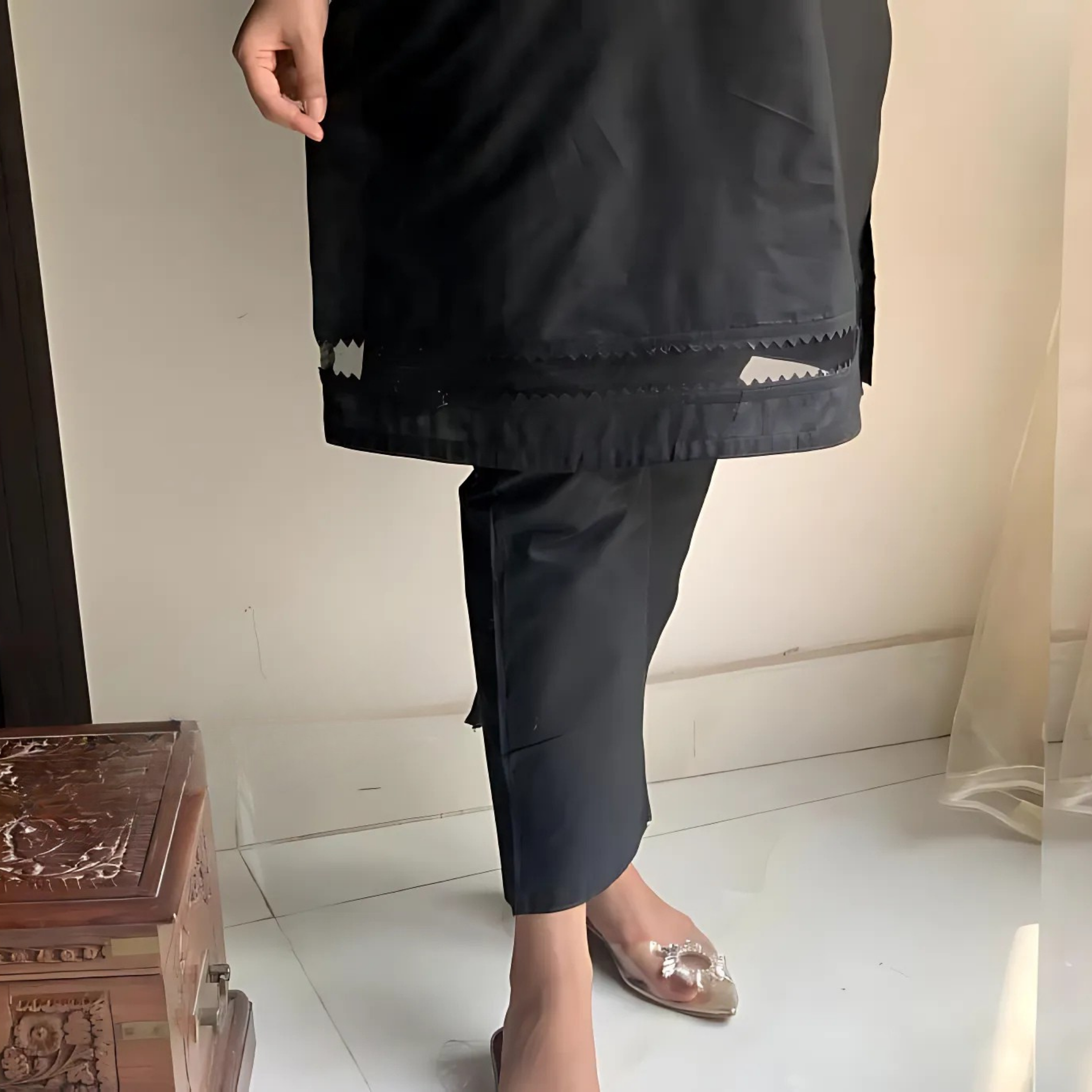 Black Plain Lawn 2 Piece Stitched Suit for Women - V-Neck Shirt and Trouser