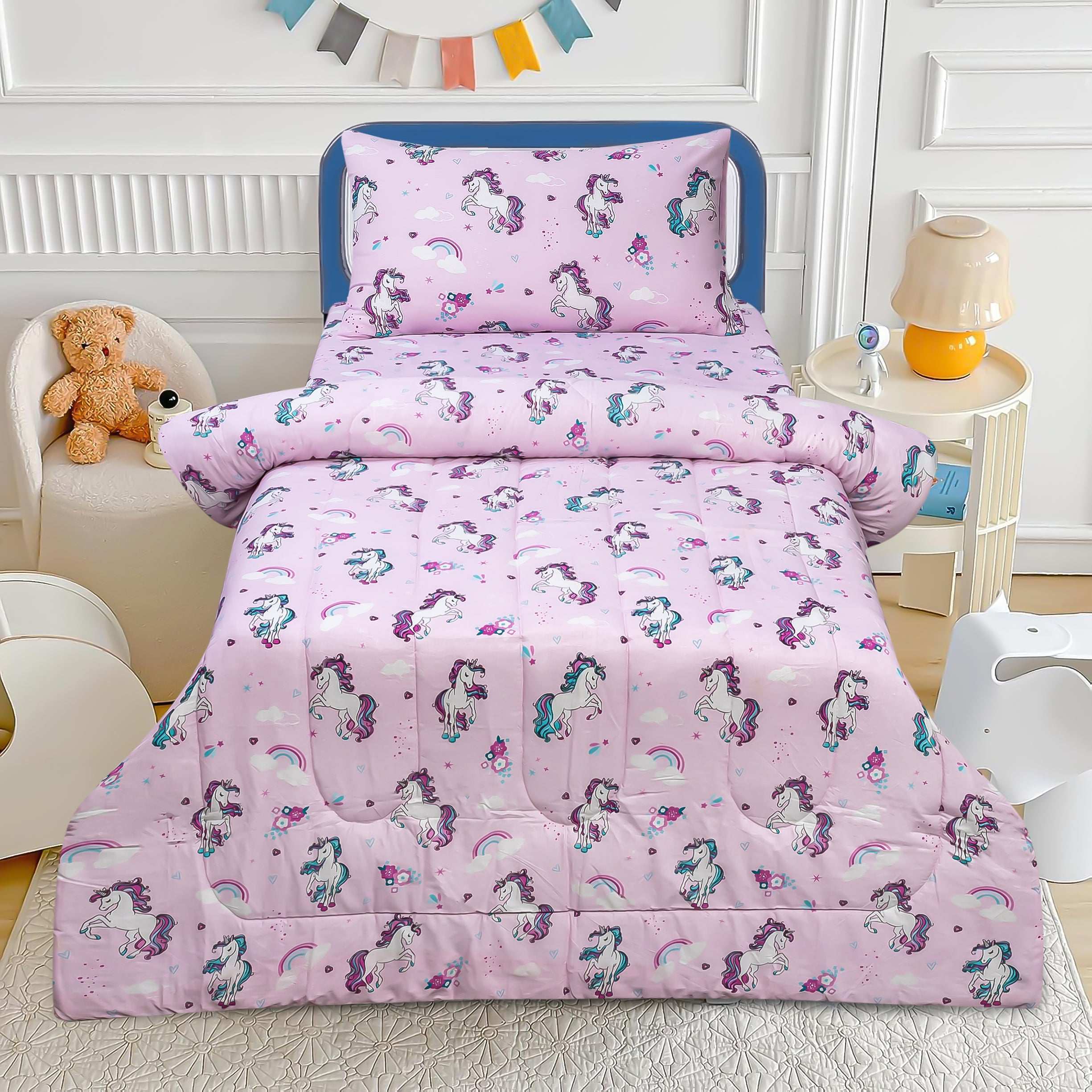Kids Unicorn Bedding Set Cotton Quilted Comforter Pillow Cover by Alezam