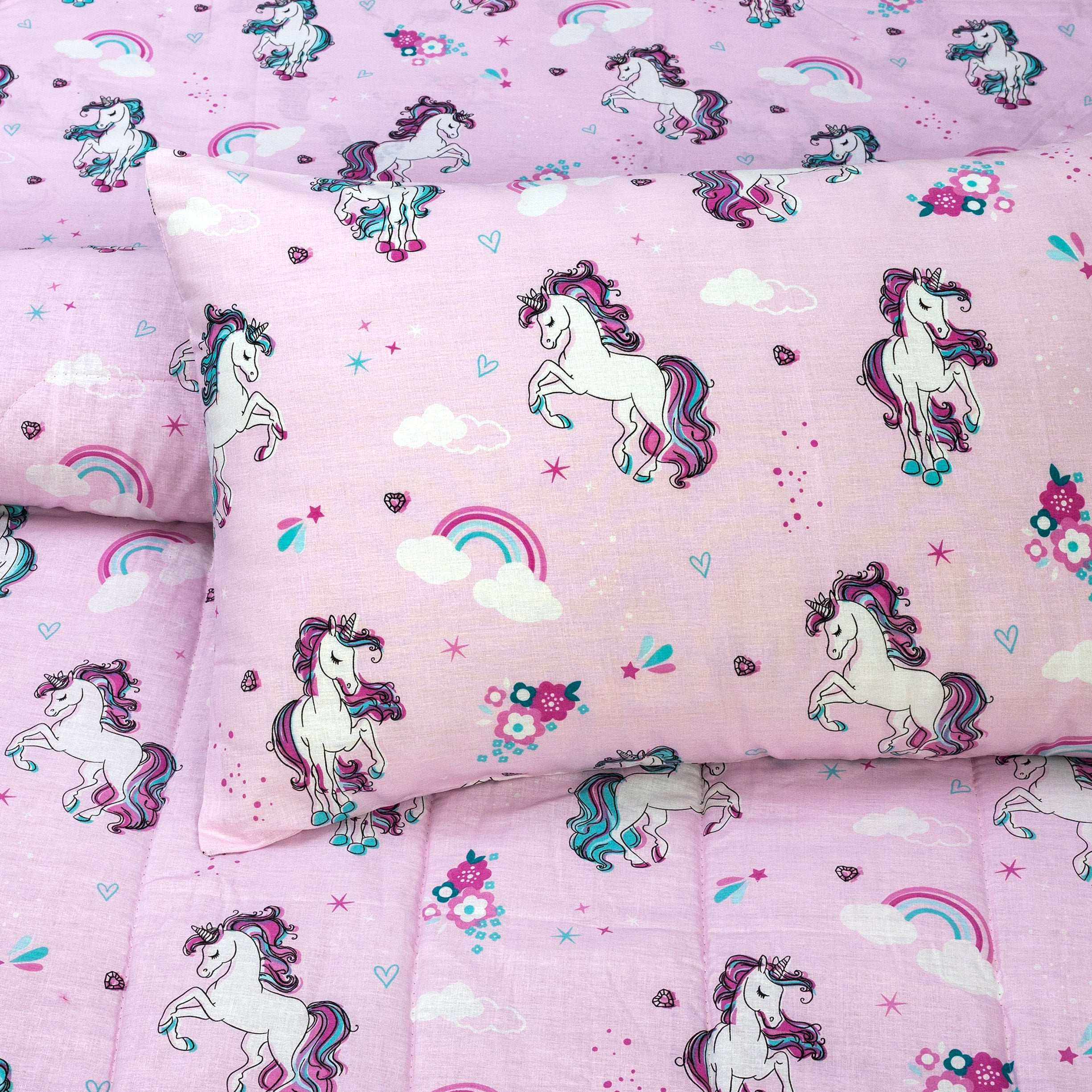 Kids Unicorn Bedding Set Cotton Quilted Comforter Pillow Cover by Alezam