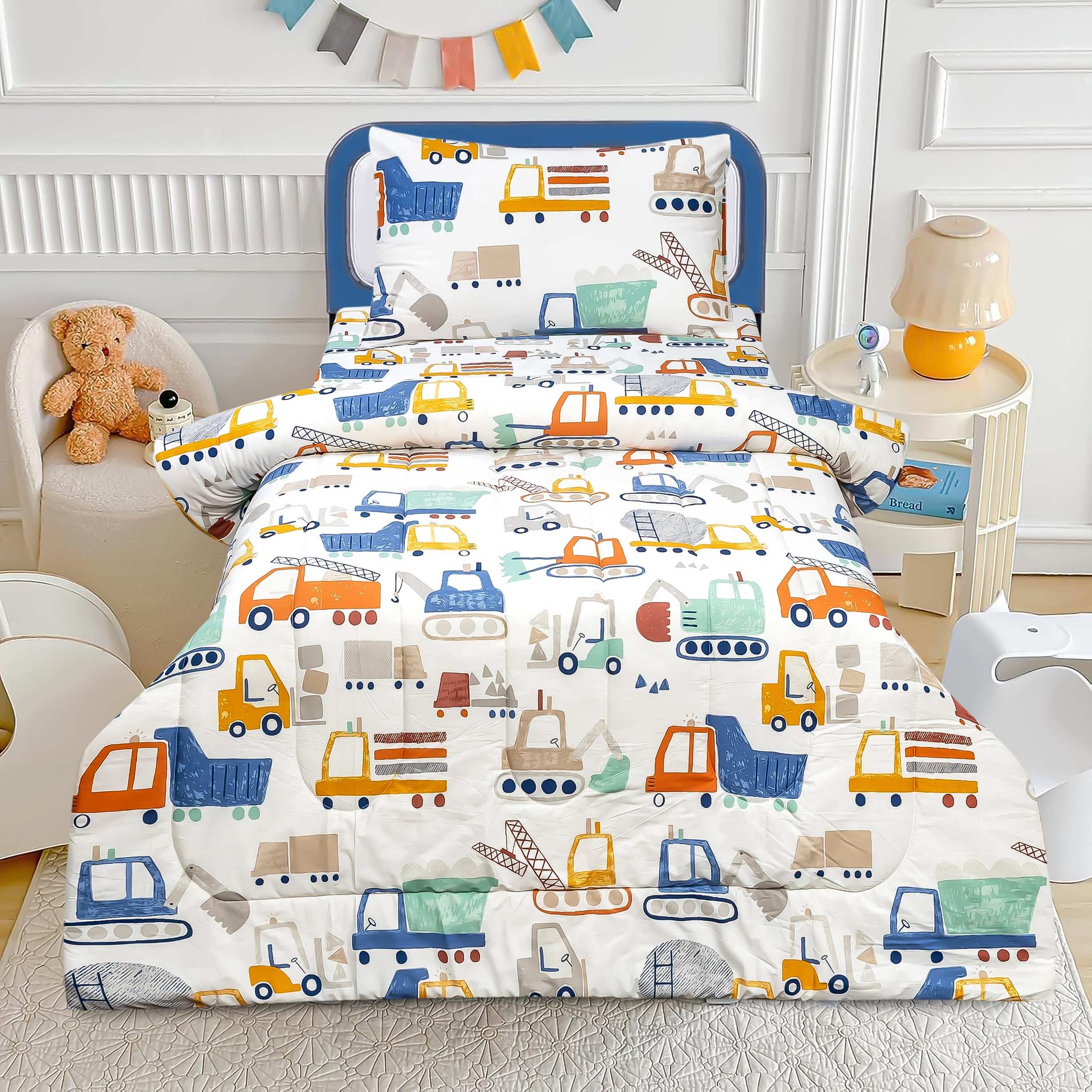 Kids Vehicle Print Bed Sheet Set with Comforter and Pillow Cover by Alezam